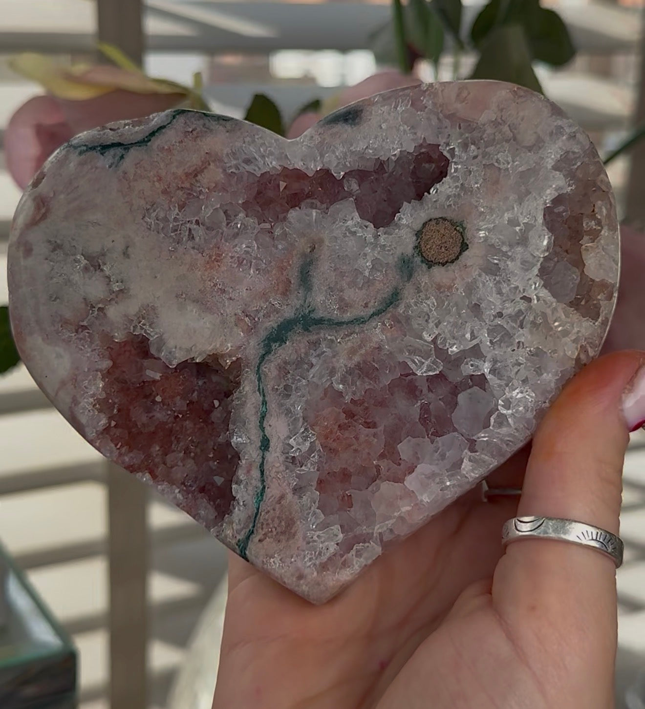 Hq pink amethyst heart with Jasper - comes with stand