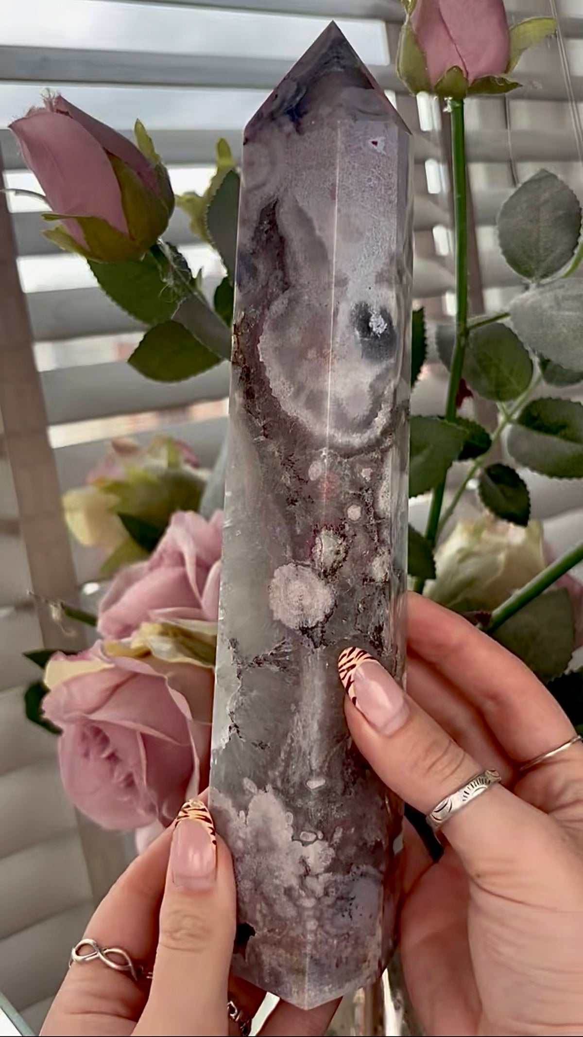 Stunning!! Super high quality, Druzy, green chlorite x blue flower agate tower