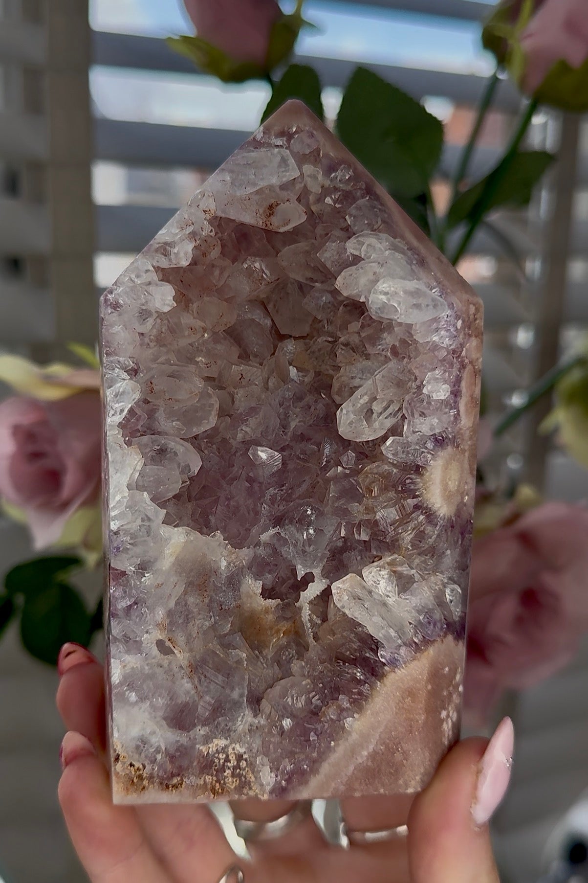 Pink amethyst tower with quartz 14cm(h) 7cm(w)