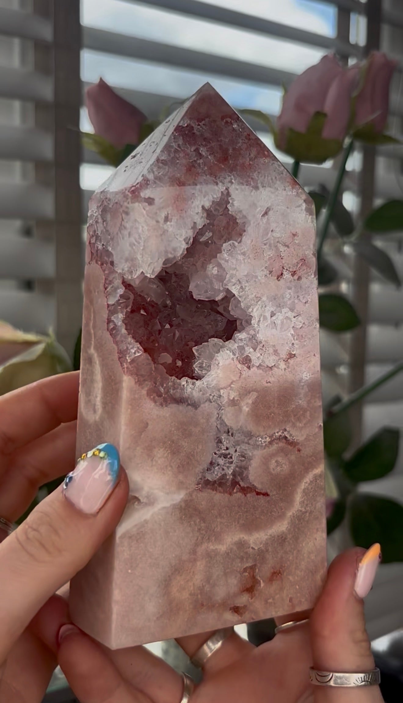 Pretty, large, high quality, Pink amethyst tower in a peach tone with quartz Druze