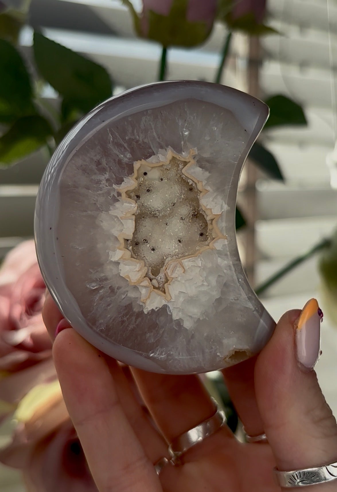 Beautiful, high quality, agate moon  with sugar druzy - stand included