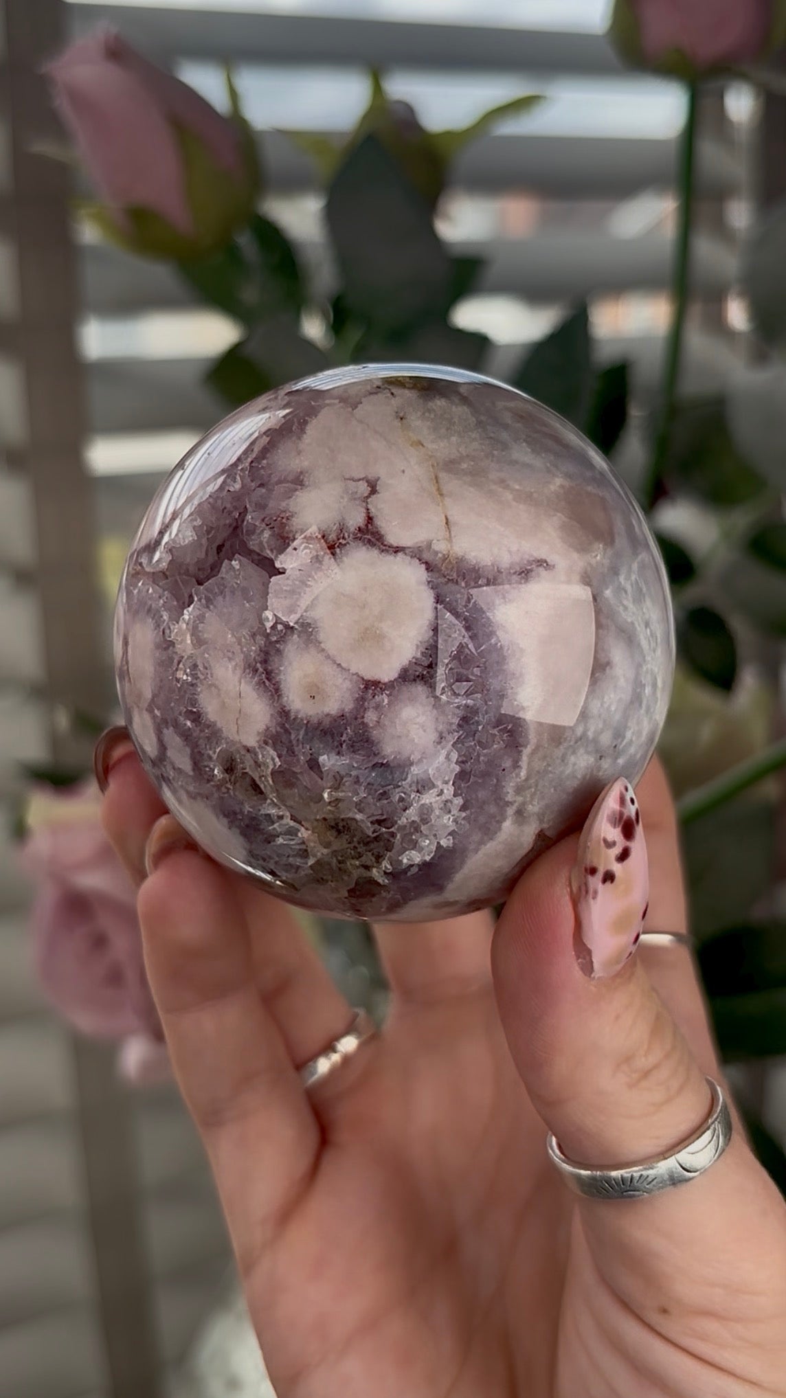 High grade, amethyst Flower agate sphere with high clarity quartz