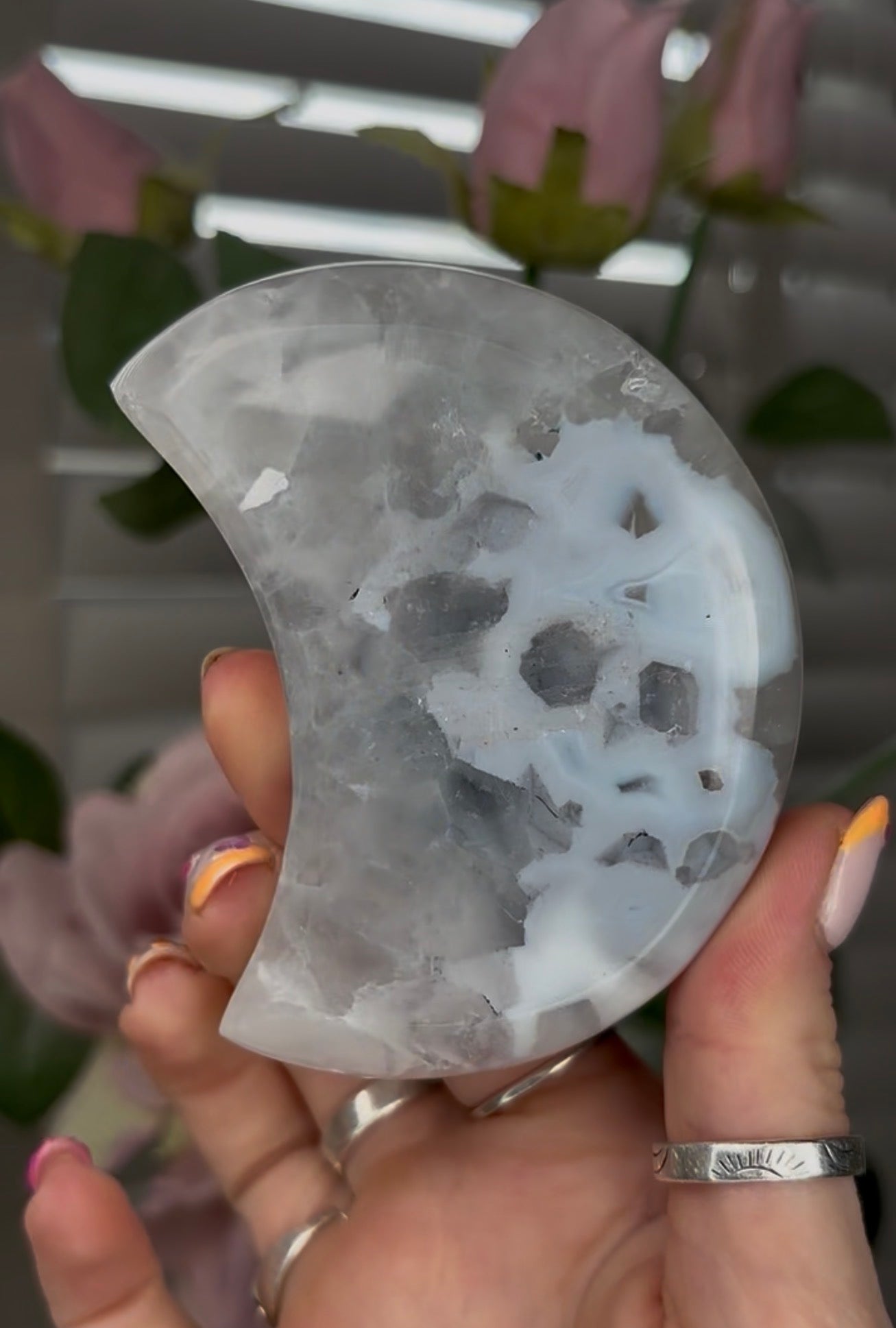 Beautiful, agate moon with druzy - comes with stand