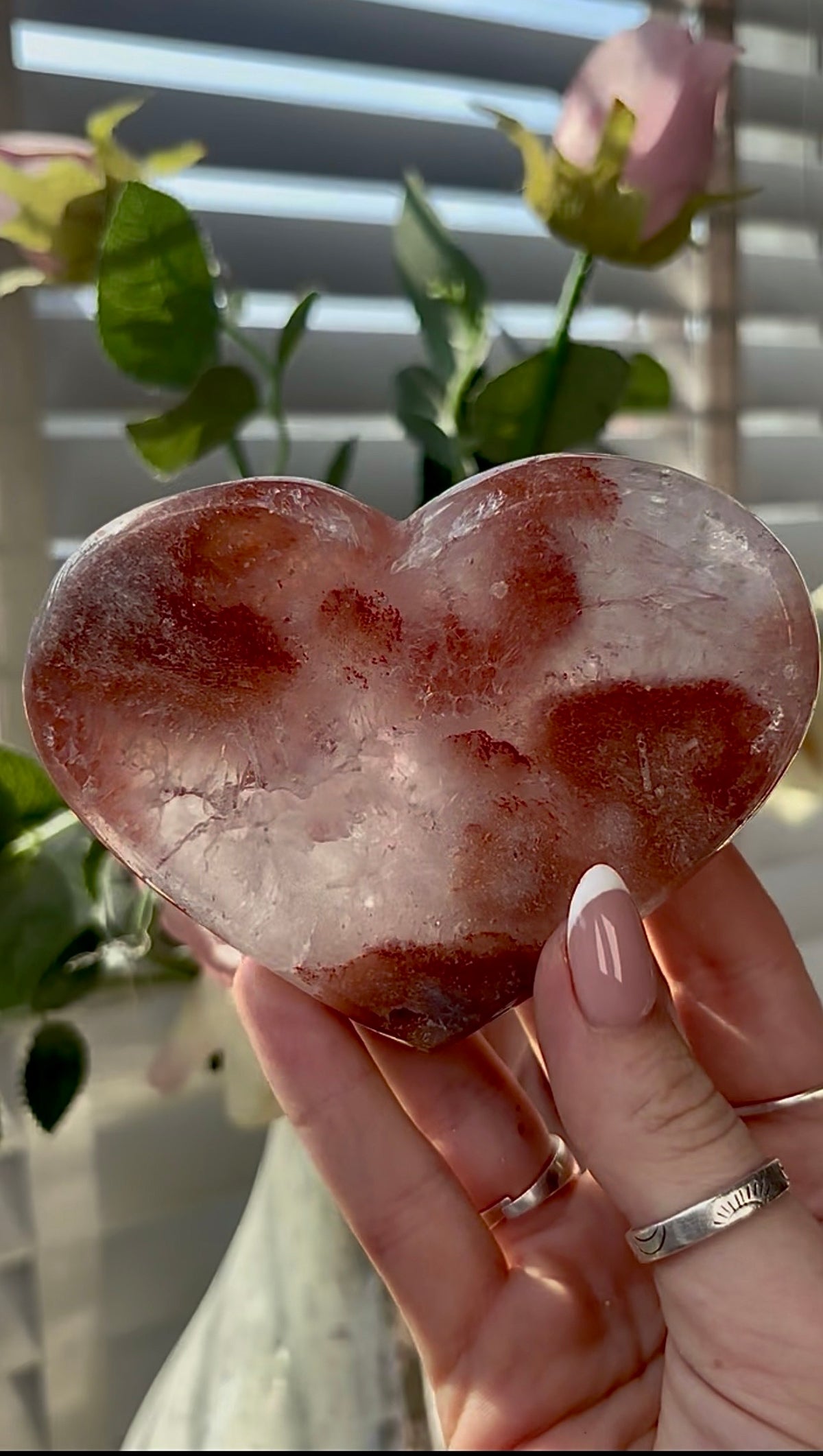 Gorgeous, high quality, berry red, pink amethyst heart with quartz- comes with stand