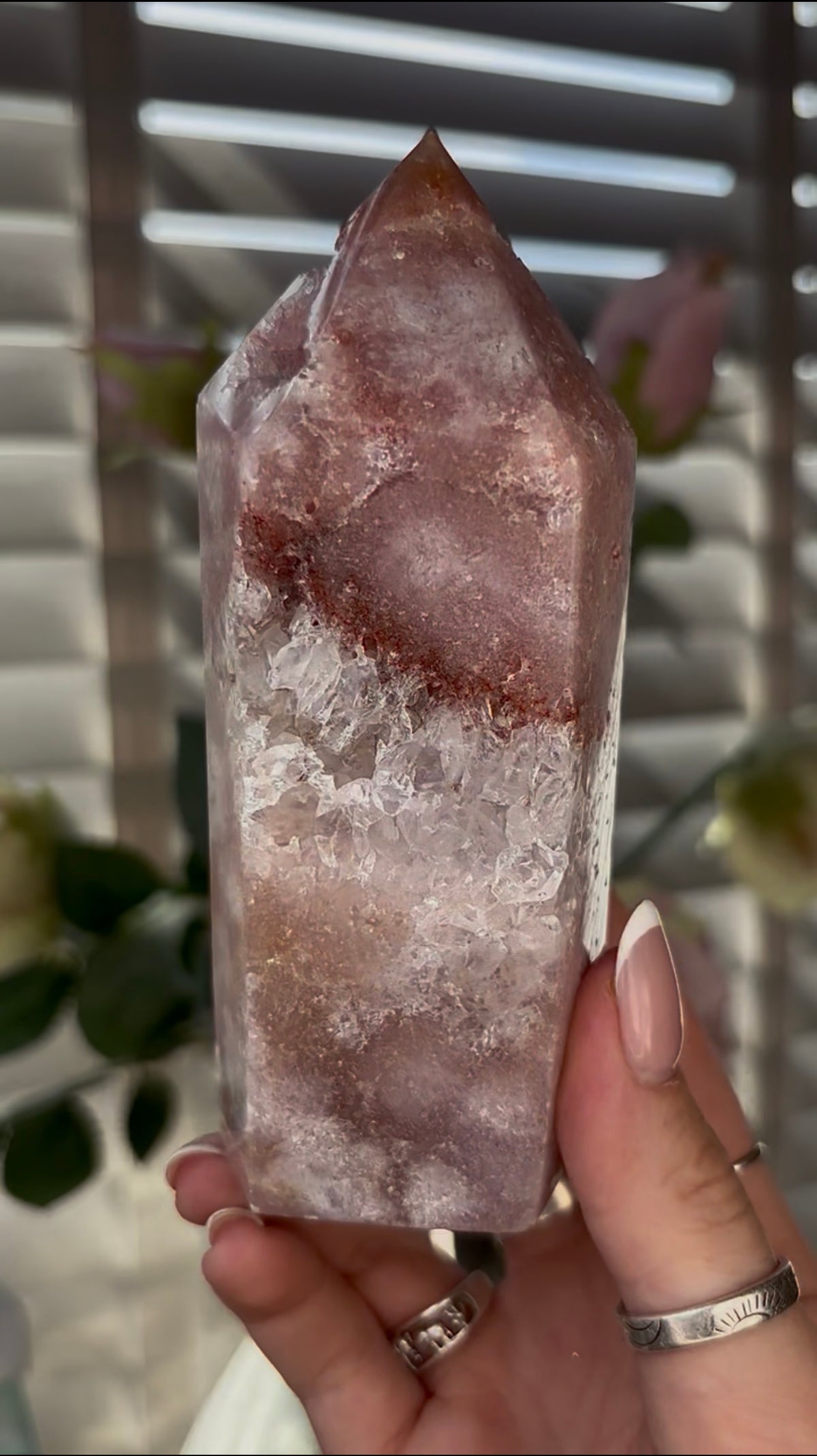 Beautiful, Pink amethyst tower with quartz 12.5cm(h) by 5cm(w)