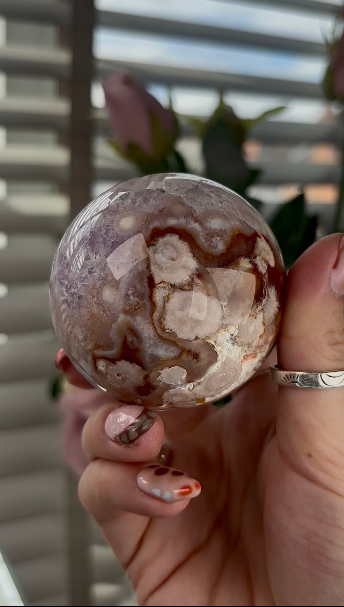 High grade, amethyst Flower agate sphere with druzy quartz