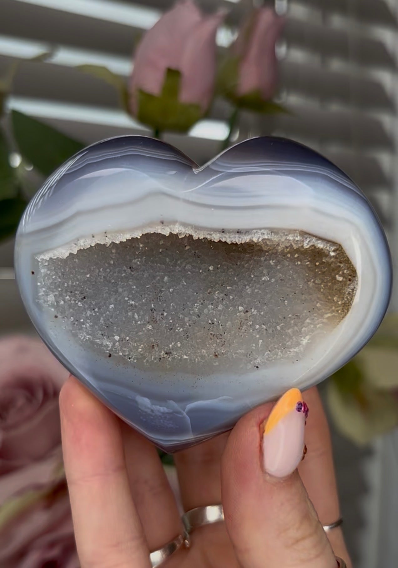 Beautiful, high grade, blue agate heart with druzy - comes with stand