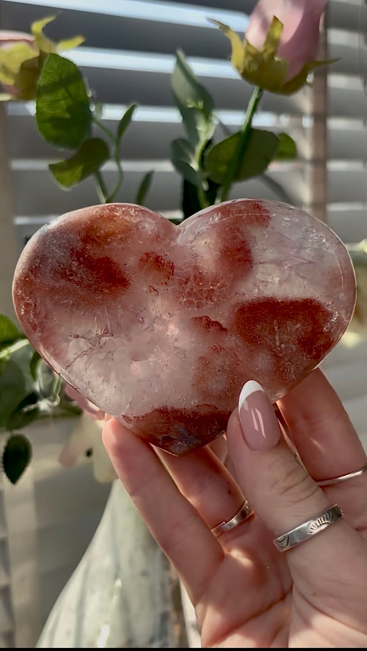 Gorgeous, high quality, berry red, pink amethyst heart with quartz- comes with stand