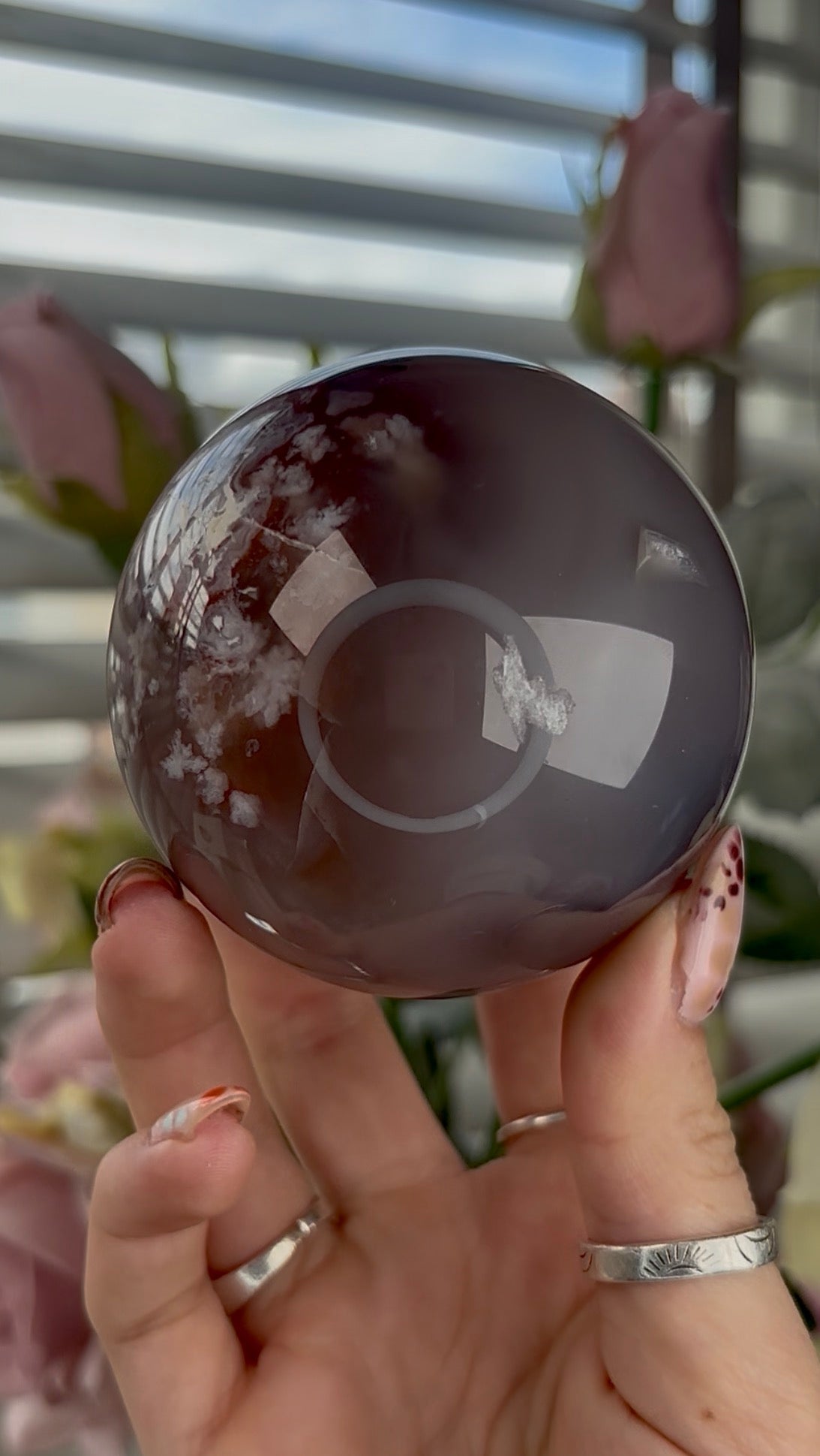 High grade, amethyst Flower agate sphere with high clarity quartz