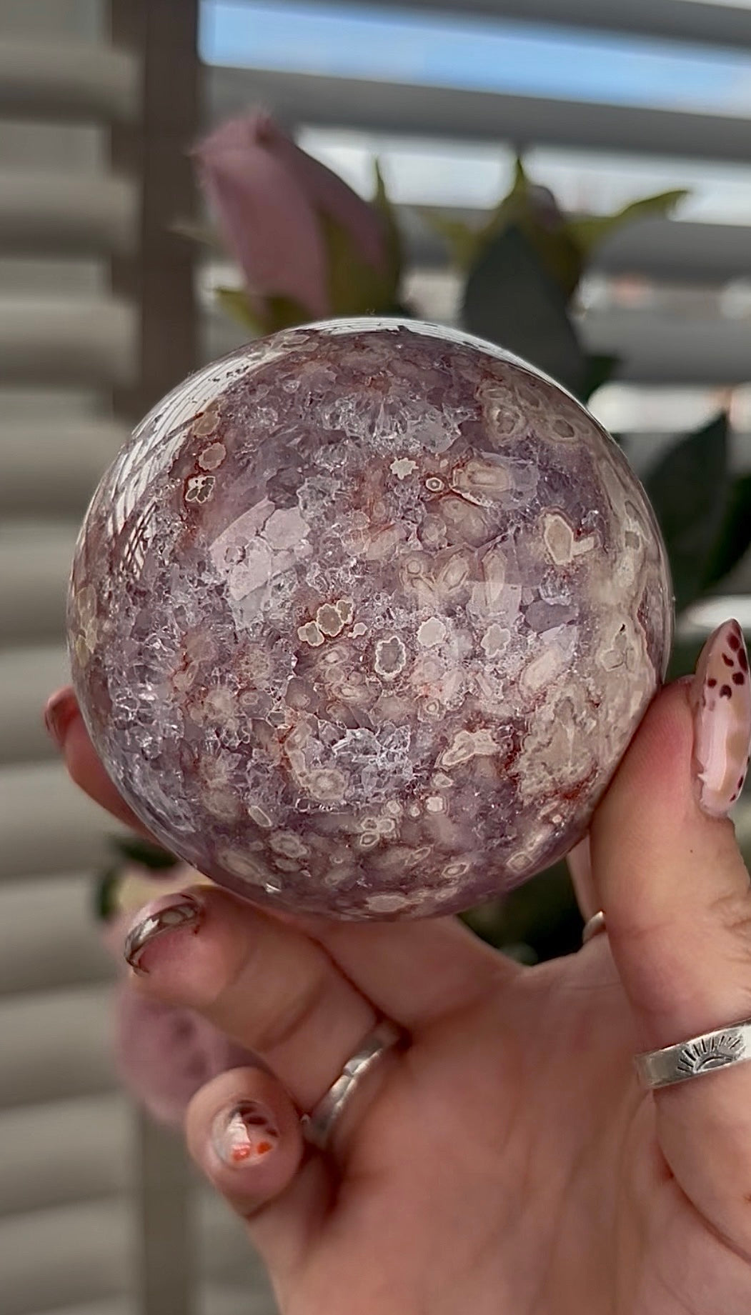 High grade, amethyst Flower agate sphere with high clarity quartz