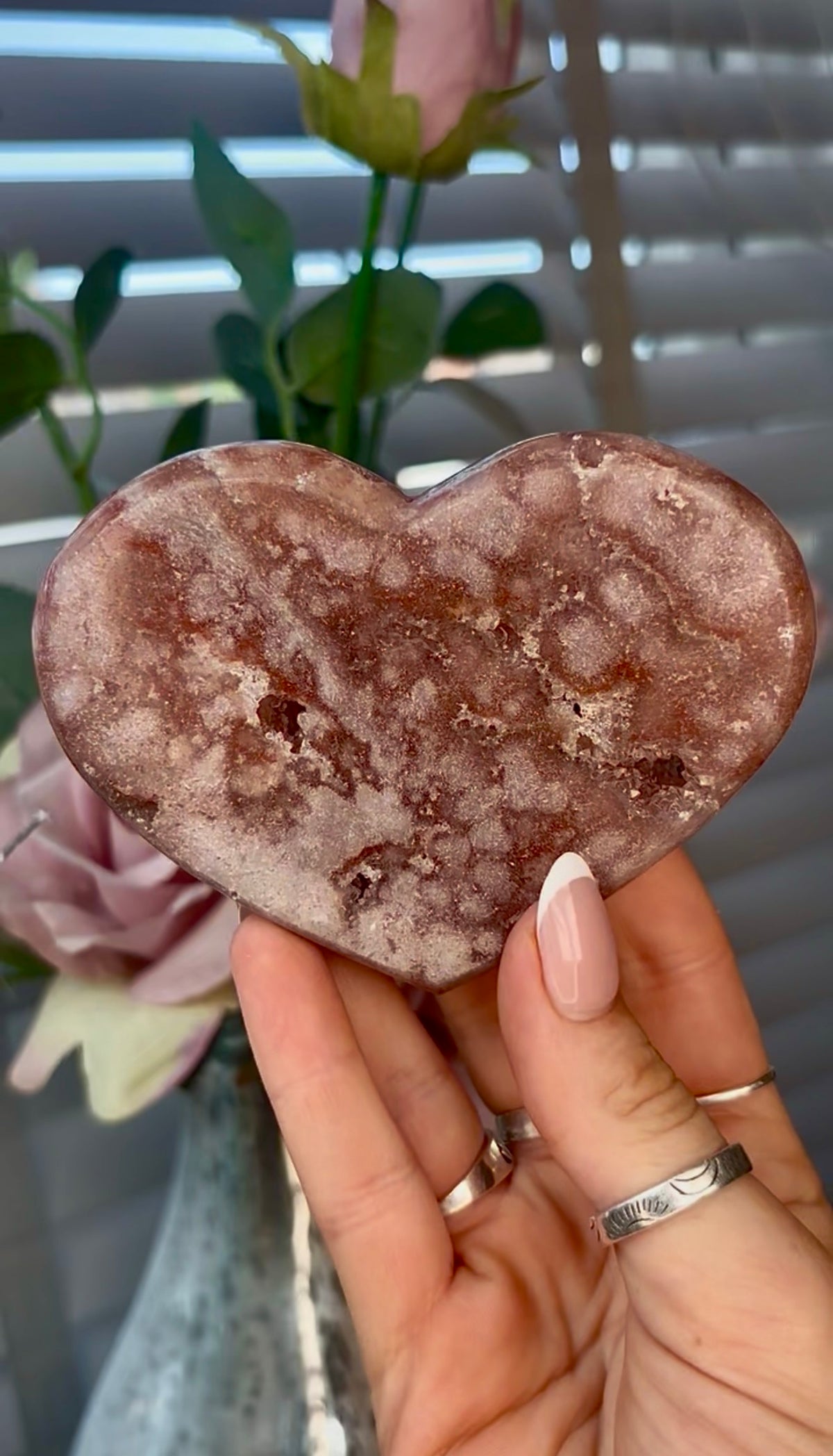 Gorgeous, pink amethyst heart- comes with stand