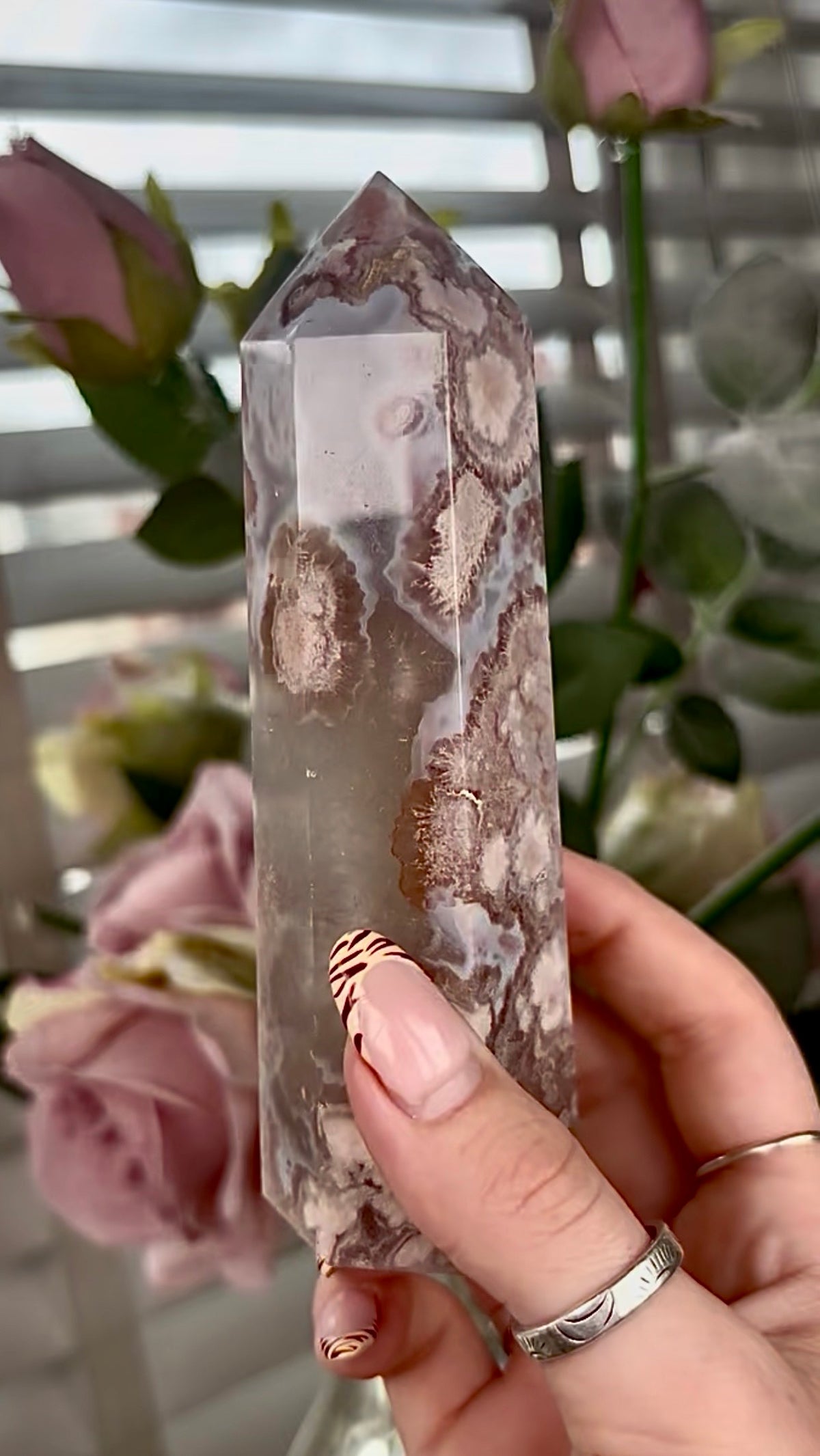 Stunning!! Super high quality, Druzy, green chlorite x blue flower agate tower