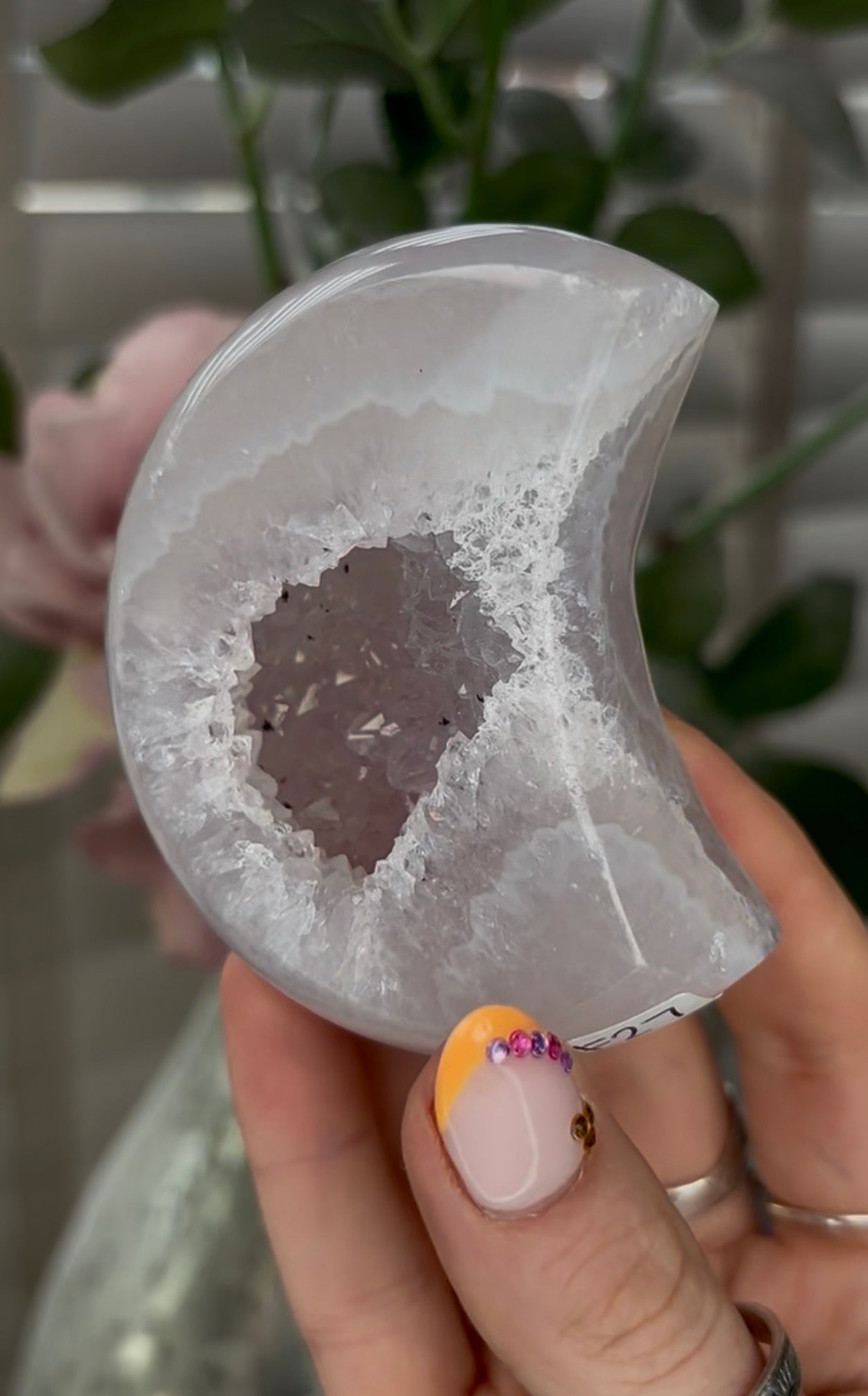 Beautiful, high grade, agate moon with druzy - comes with stand