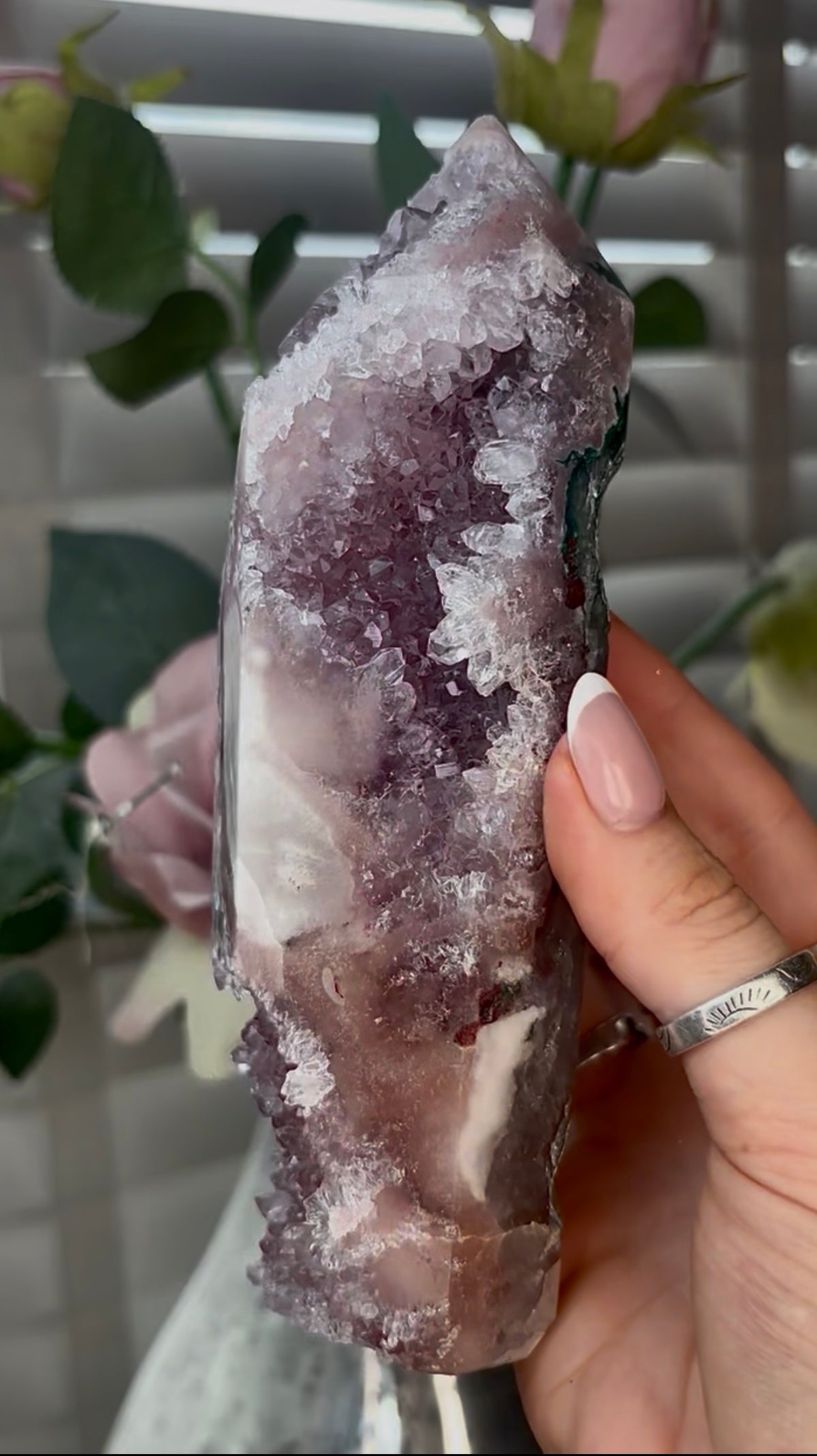 Beautiful, high quality, Pink amethyst tower with lilac quartz 18cm(h) by 4.5cm(w)