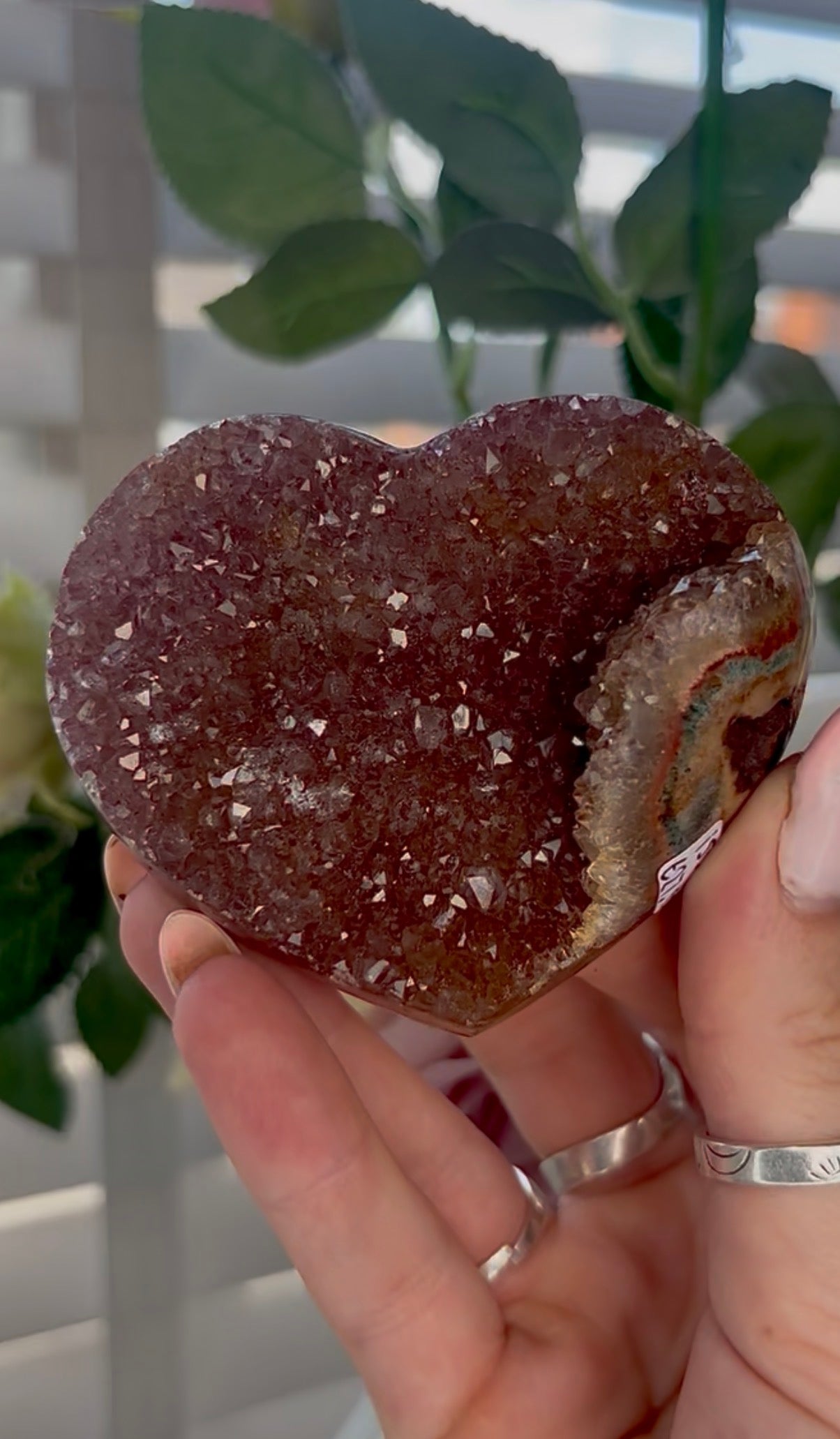 Uruguay, rainbow amethyst heart - comes with stand