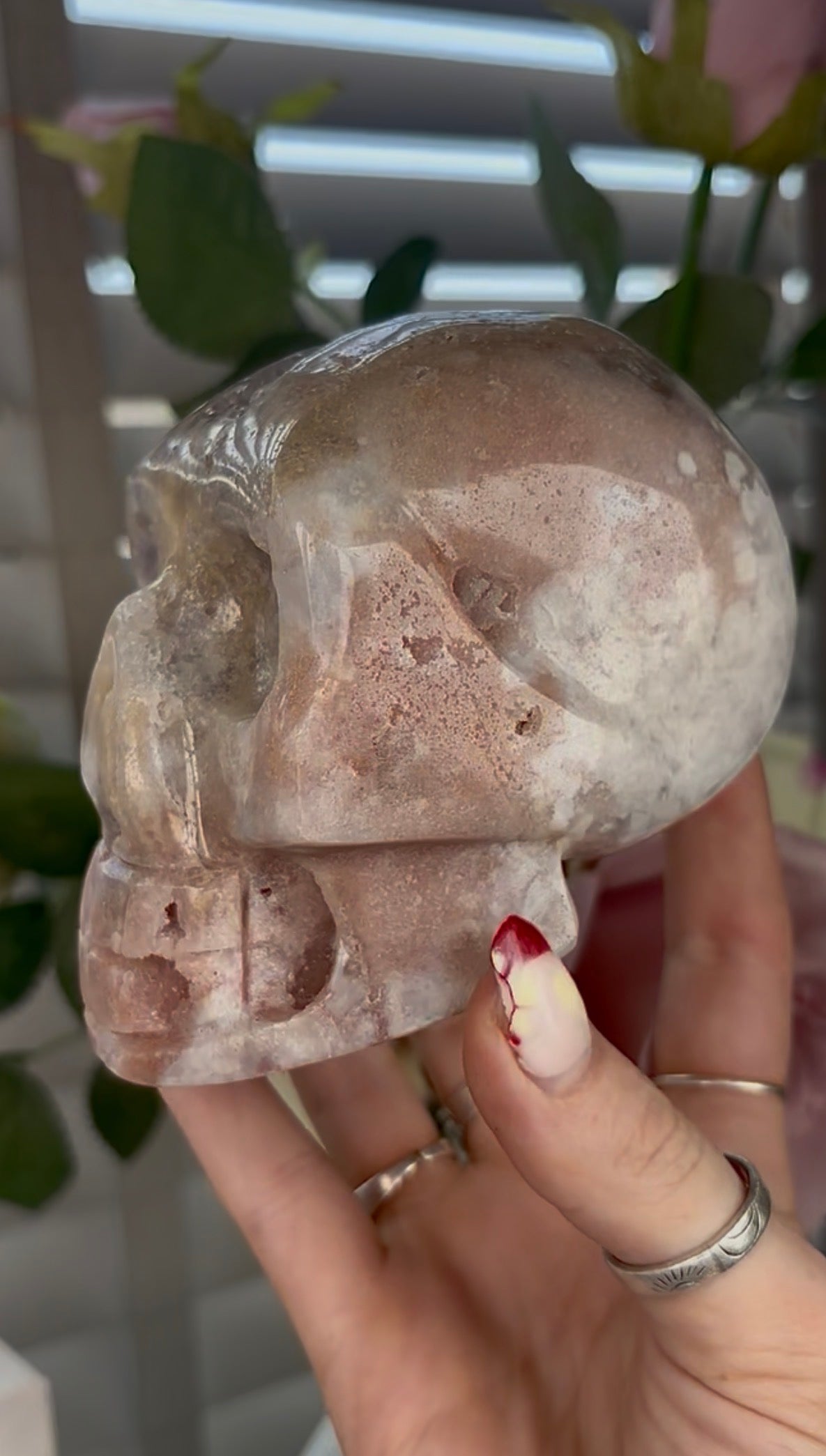 High grade, pink amethyst skull carving