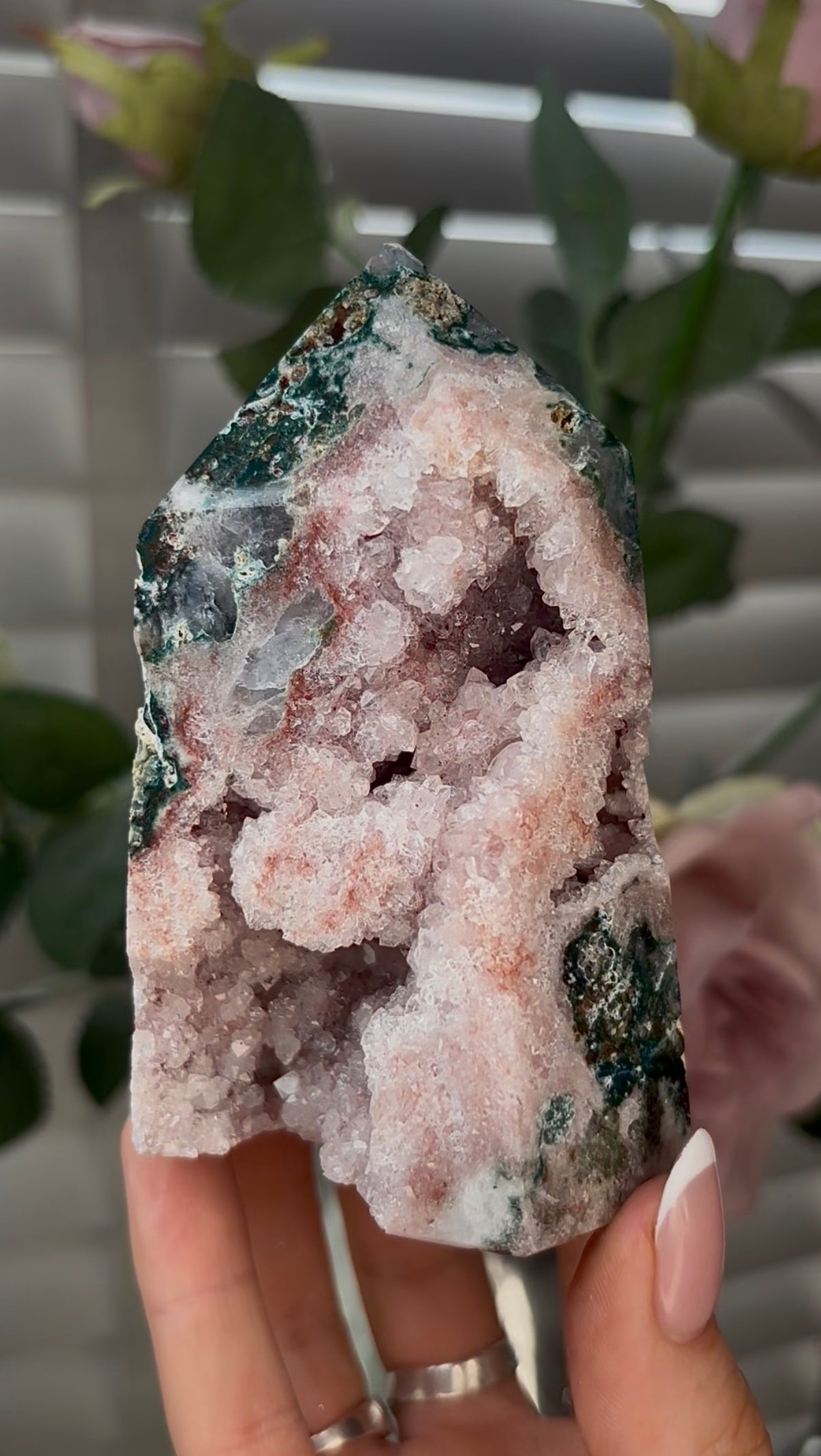 Beautiful, high quality, Pink amethyst tower with Jasper 10.2cm(h) by 6.5cm(w)
