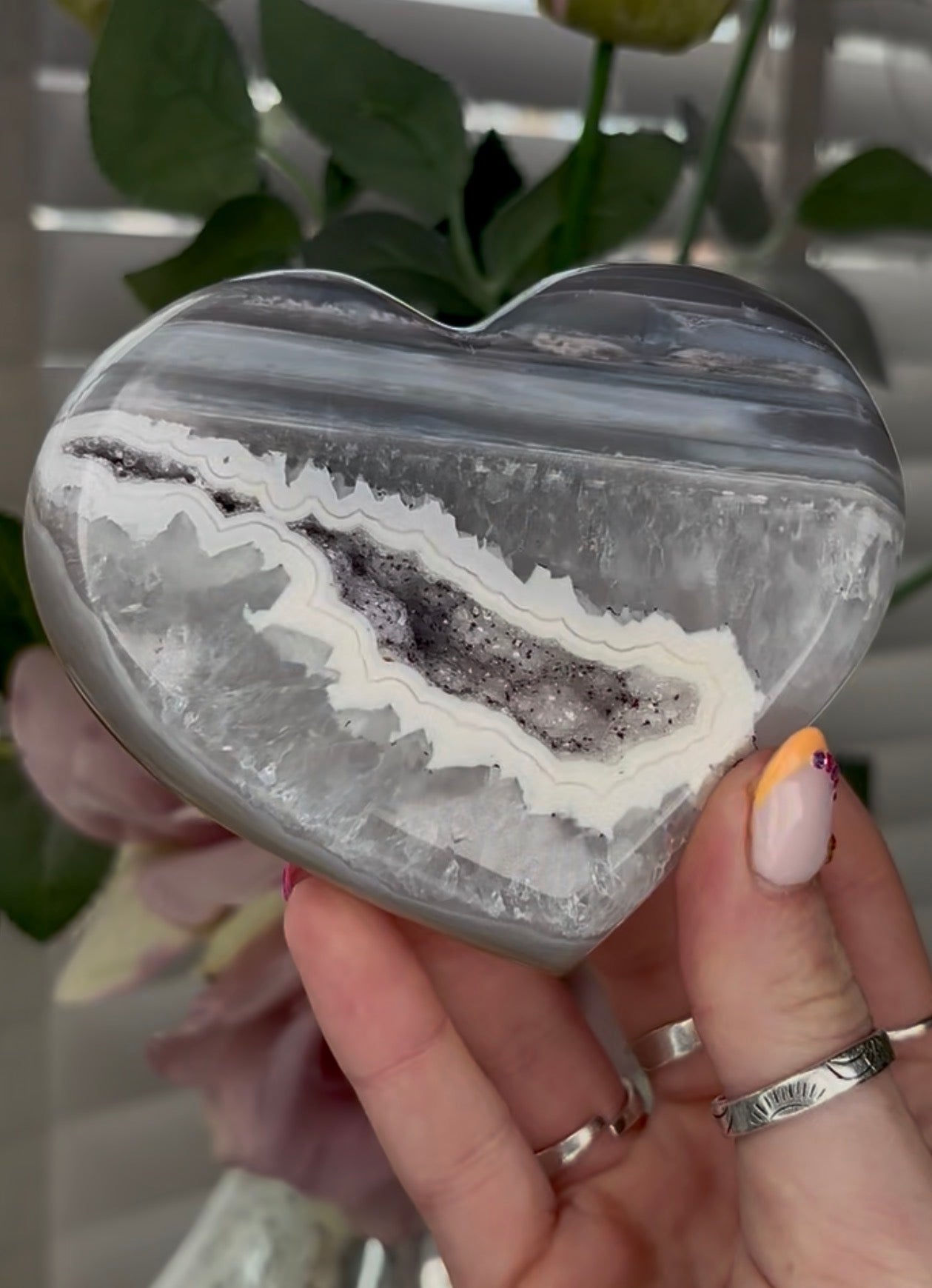 Beautiful, high grade, blue banded agate heart with druzy - stand included