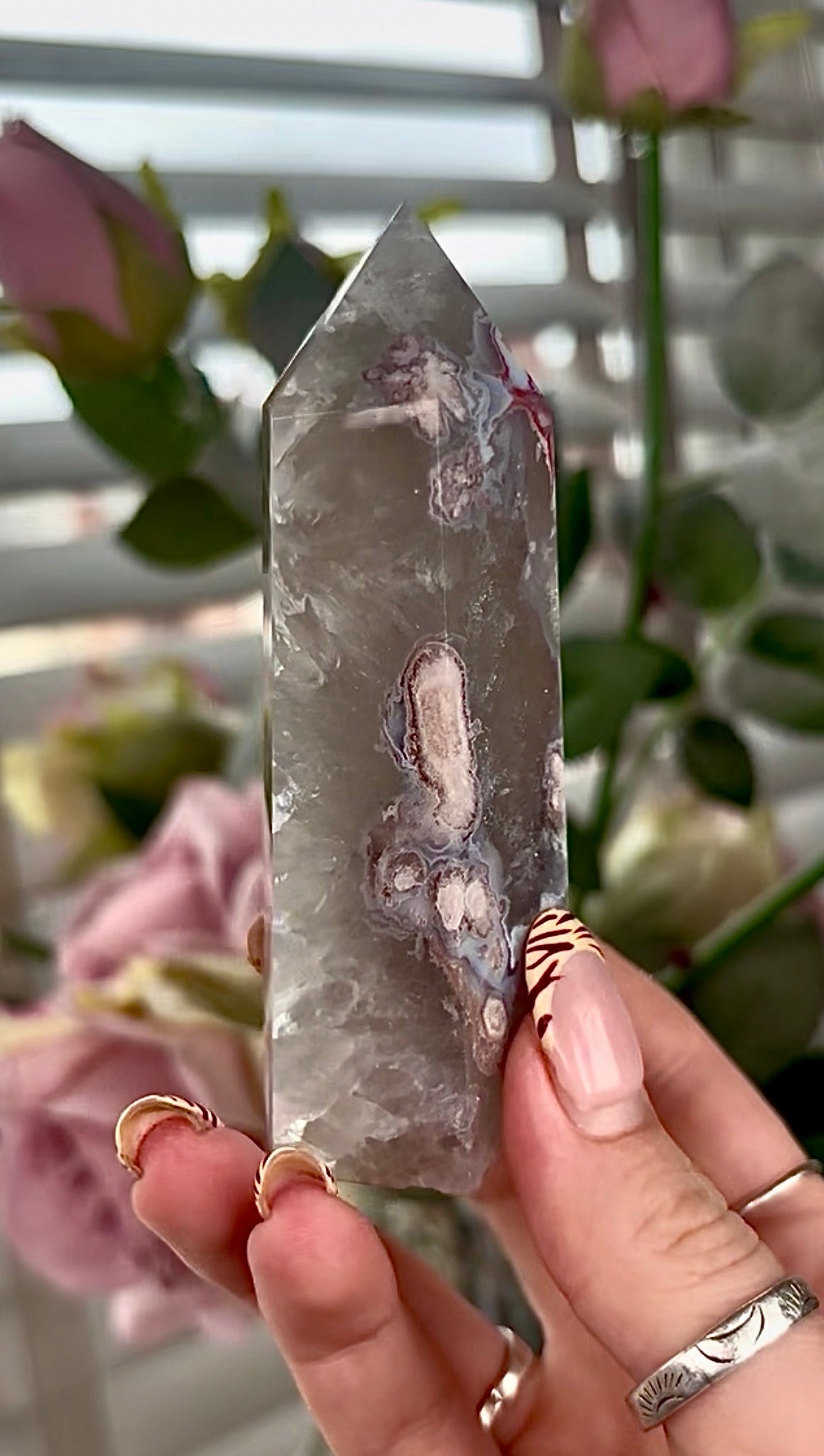 Stunning!! Super high quality, Druzy, green chlorite x blue flower agate tower
