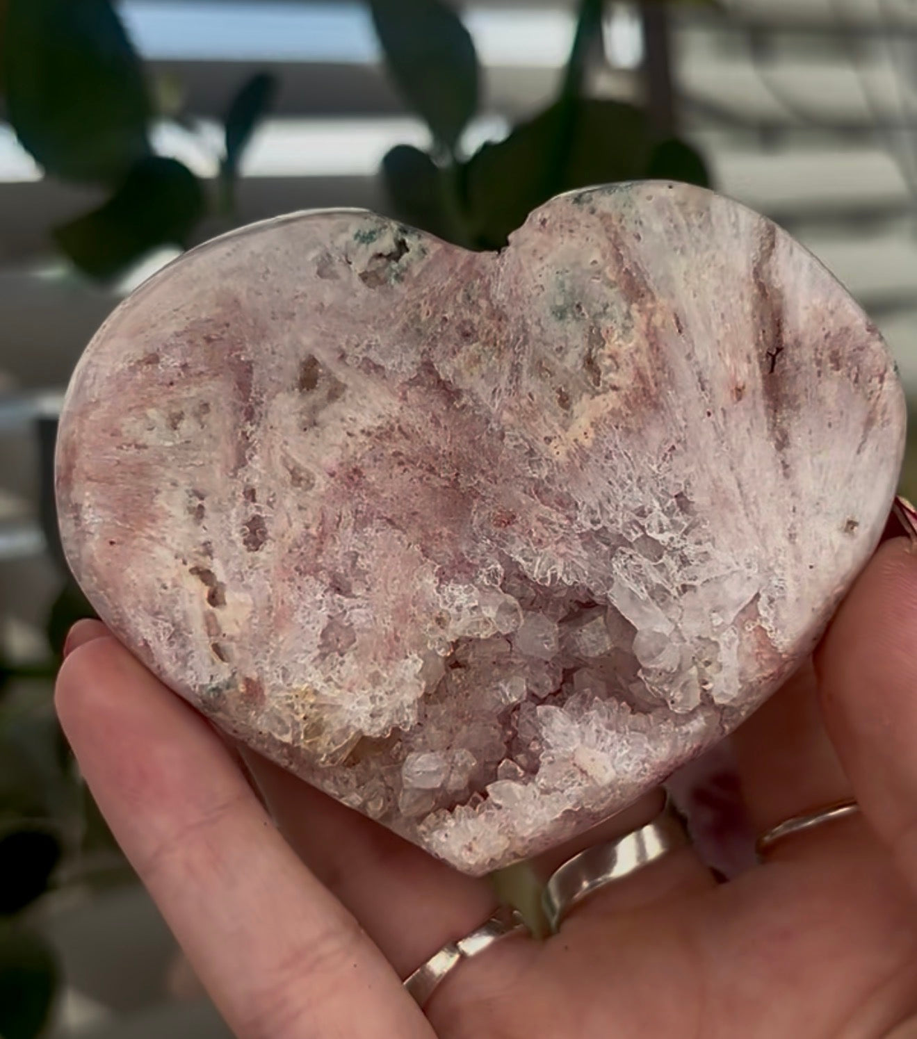 pink amethyst heart with rutile - comes with stand
