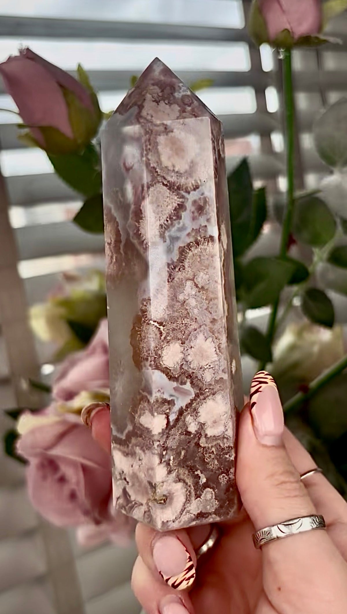 Stunning!! Super high quality, Druzy, green chlorite x blue flower agate tower