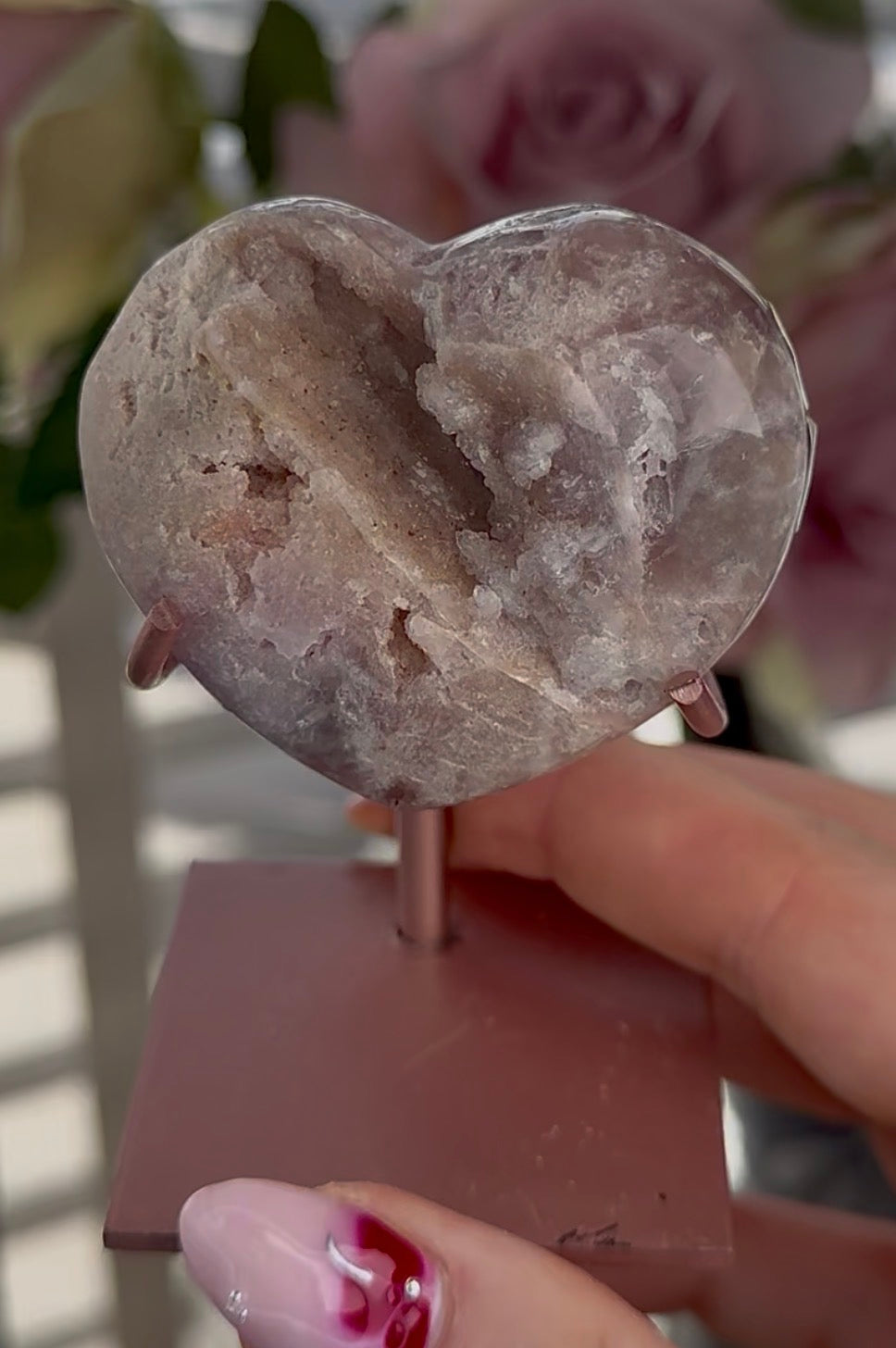 pink amethyst heart - comes with stand