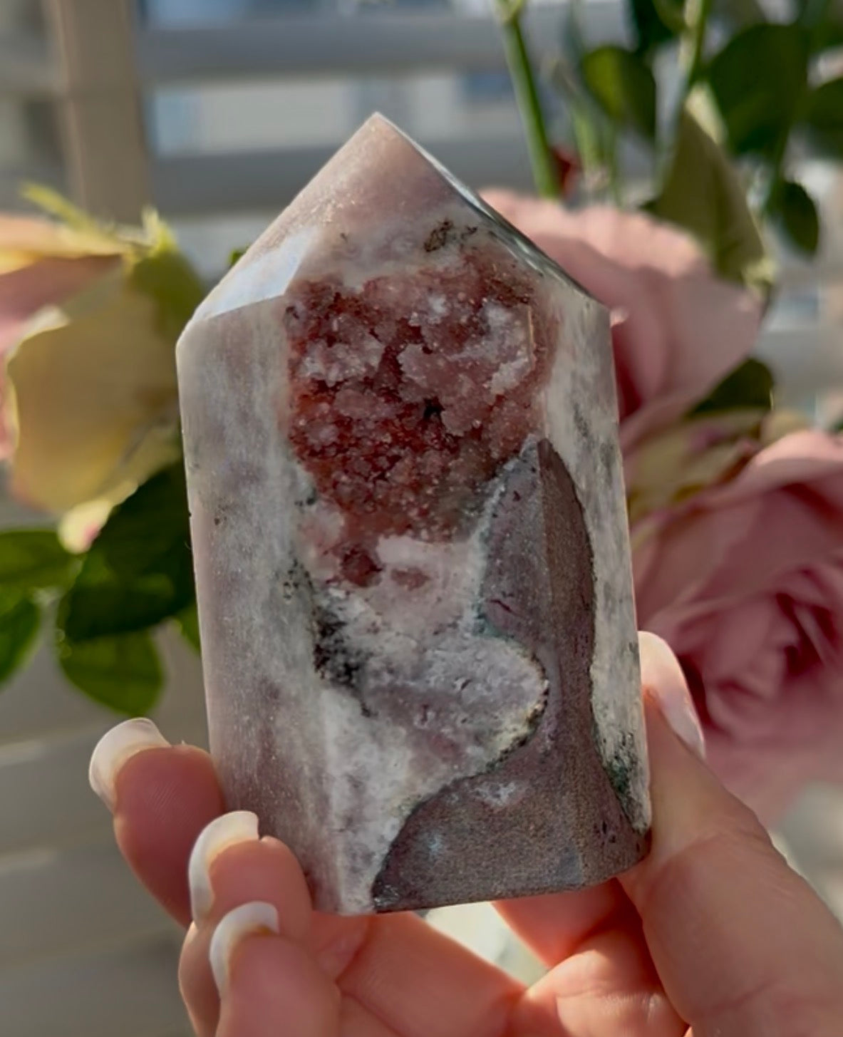 Pink amethyst tower with jasper