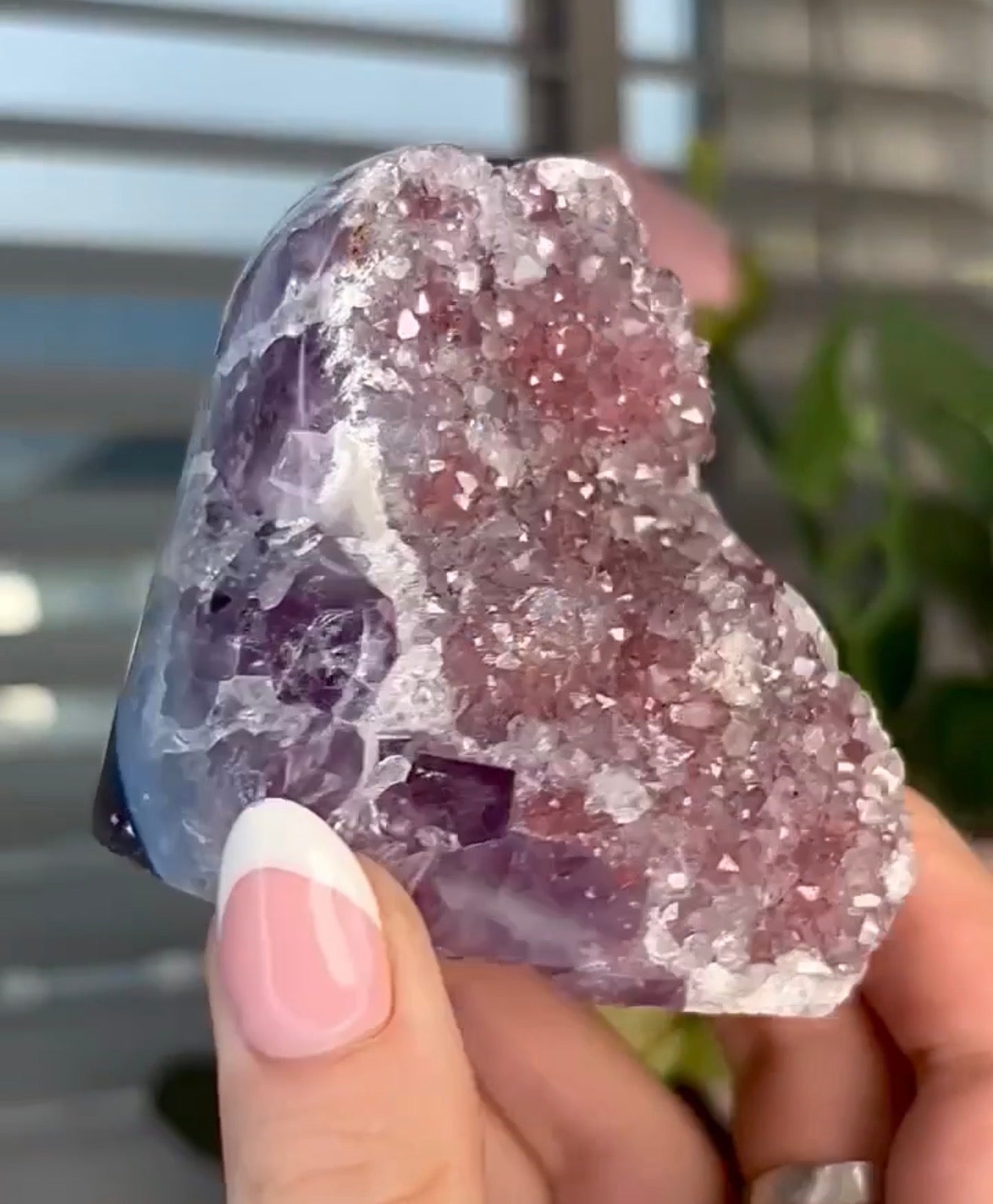 Light Pink rainbow amethyst on a purple & blue agate base