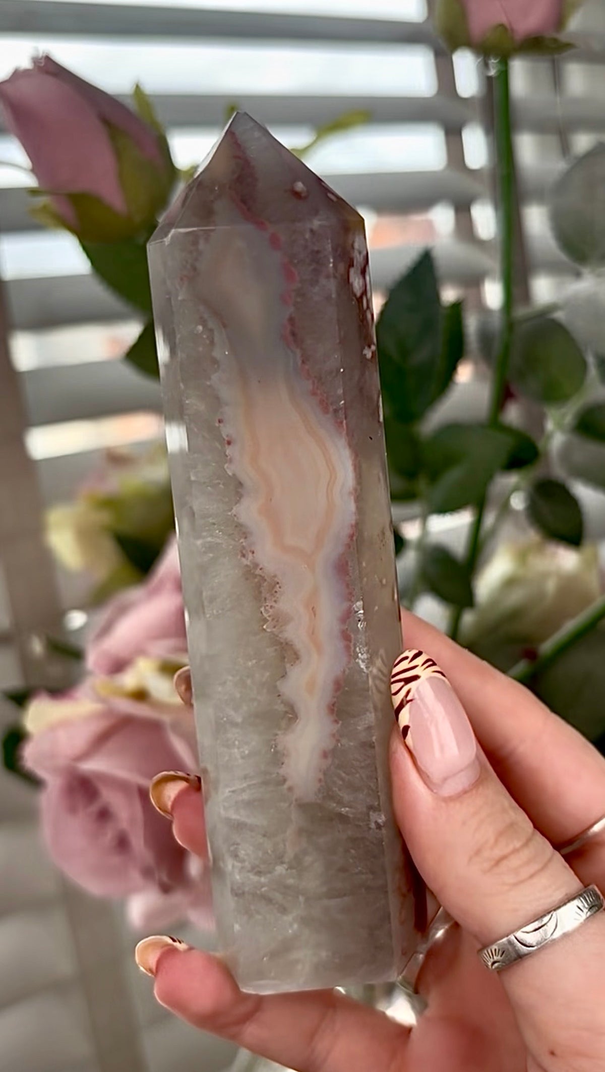 Stunning!! Super high quality, Druzy, green chlorite x blue flower agate tower