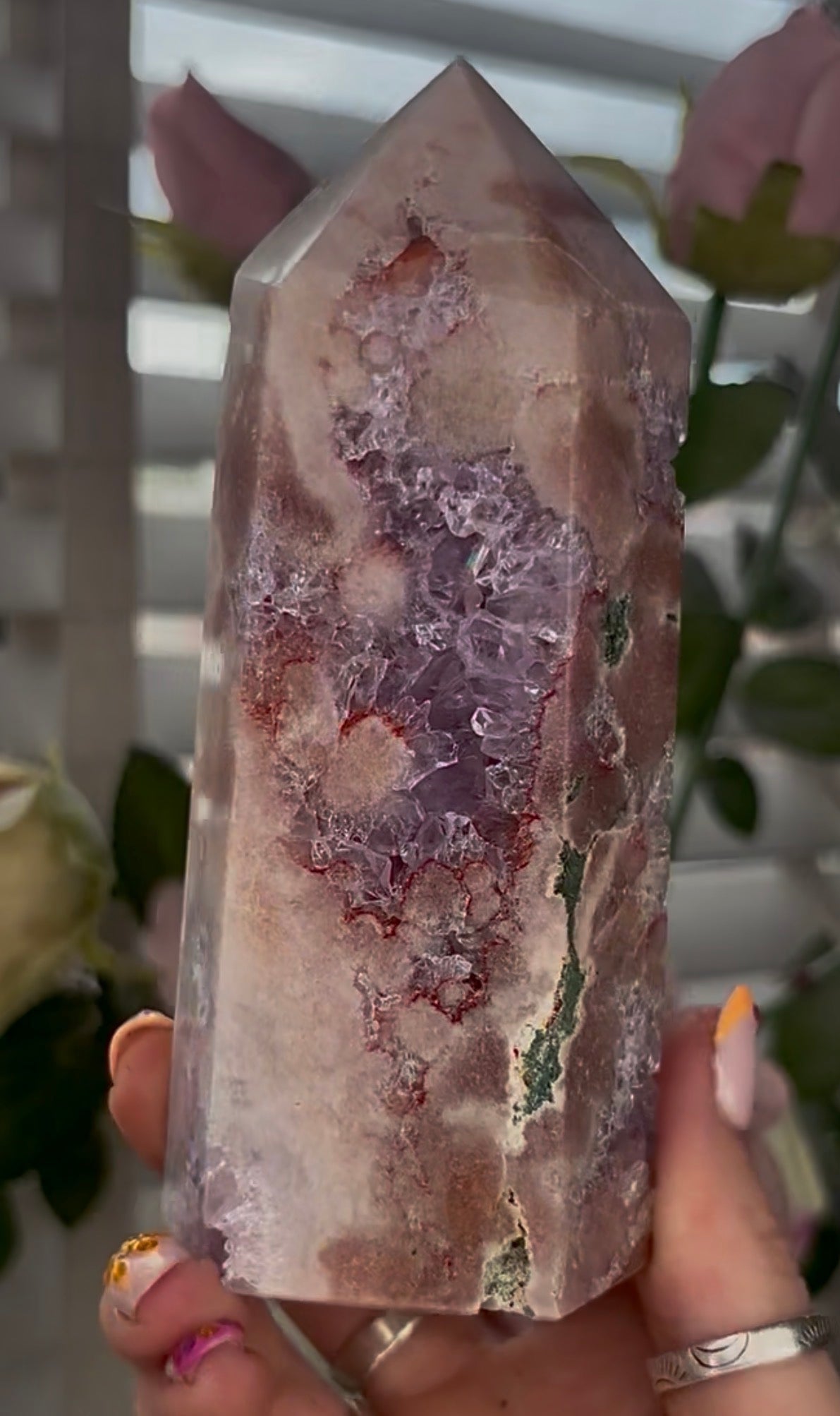 Pretty, Pink amethyst tower, with purple quartz druzy
