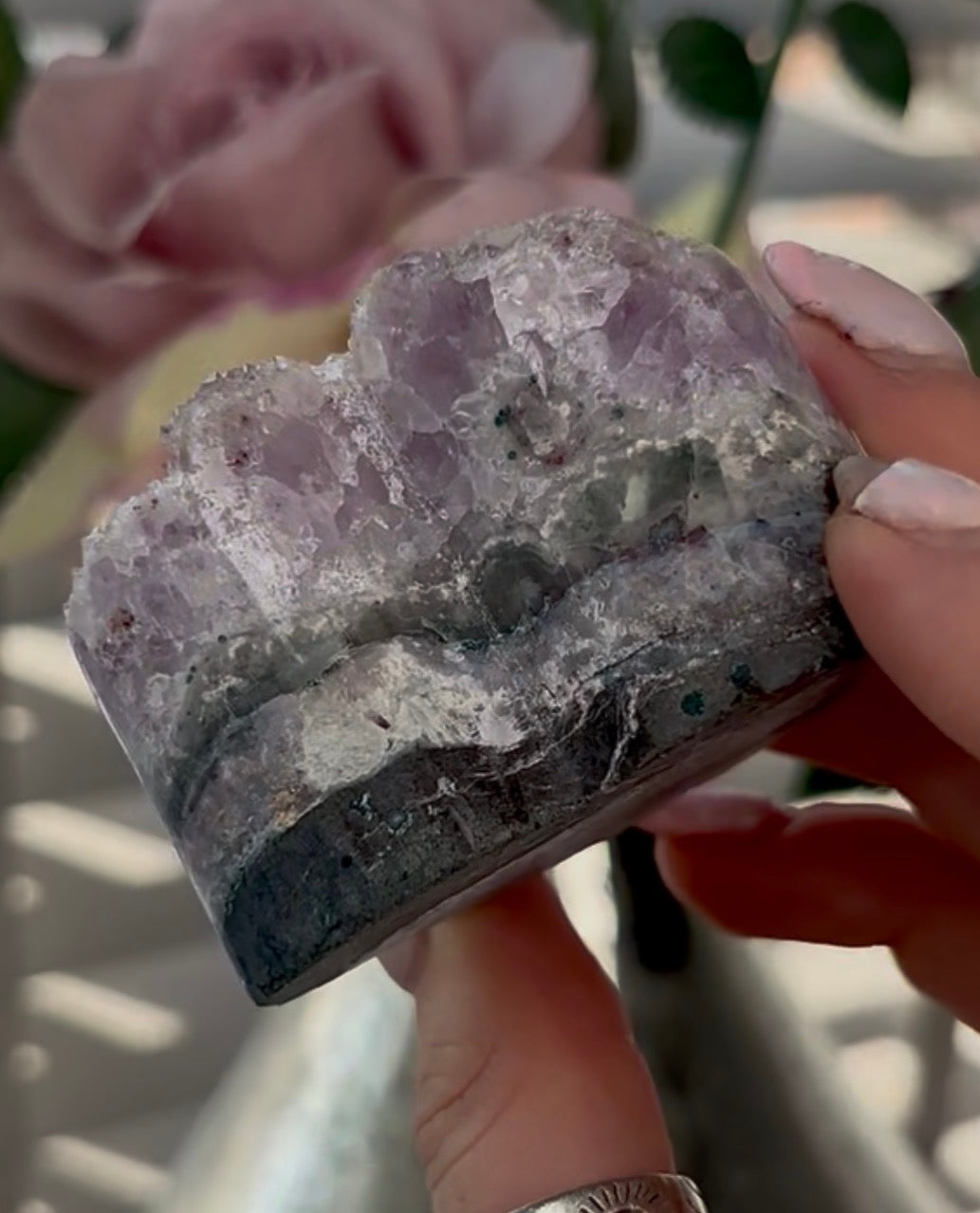 Uruguay, rainbow amethyst heart - comes with stand in lilac tones