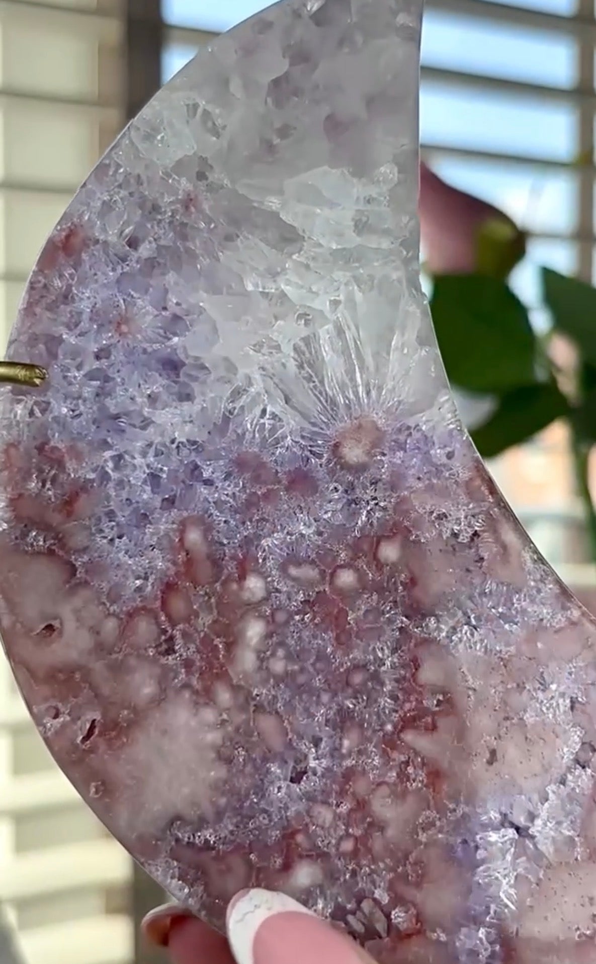 High grade, pink amethyst moon with quartz - comes with stand