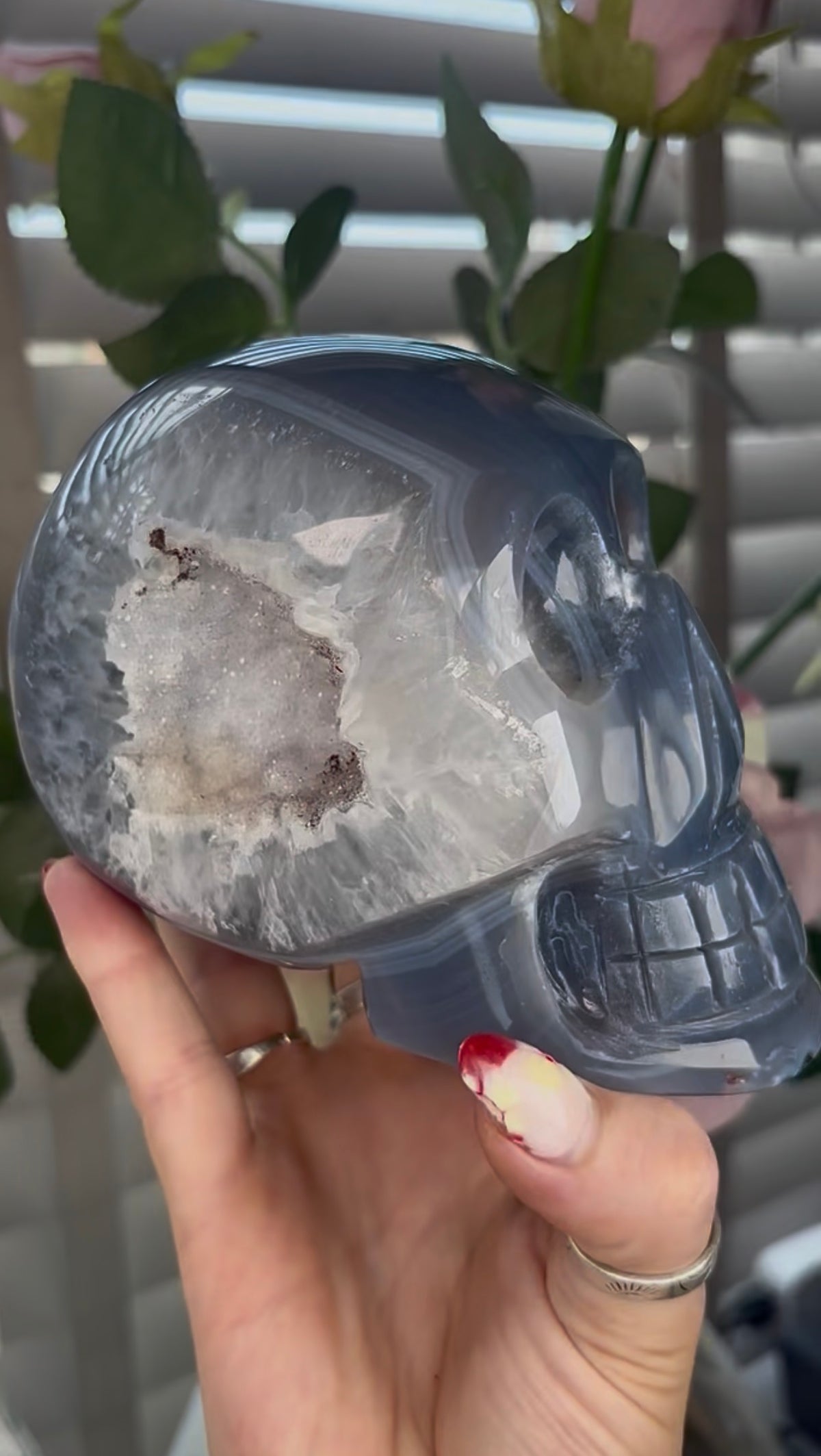Beautiful, blue banded, amethyst agate, skull with incredible druzy