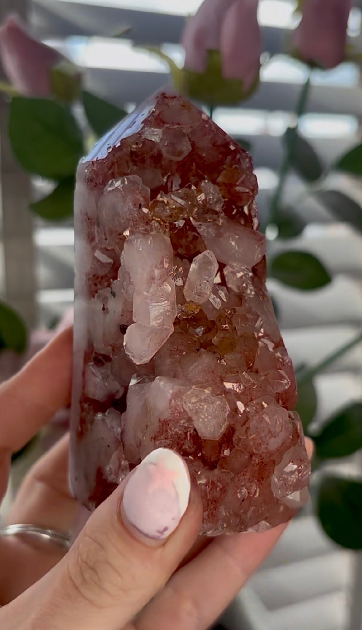 Beautiful, high quality, Pink amethyst tower in burnt orange/red tones with chewing gum druzy