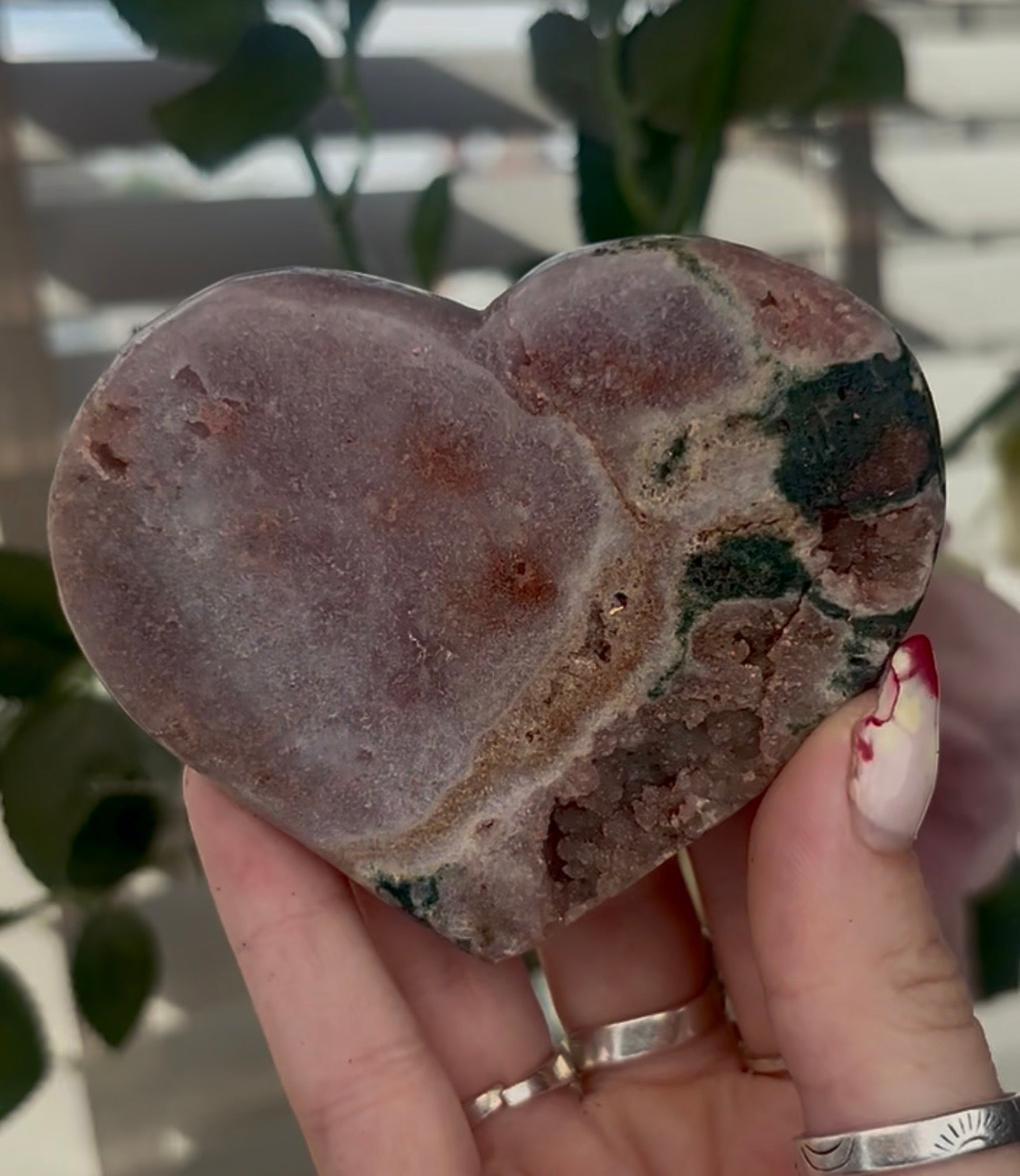 pink amethyst heart with jasper - comes with stand
