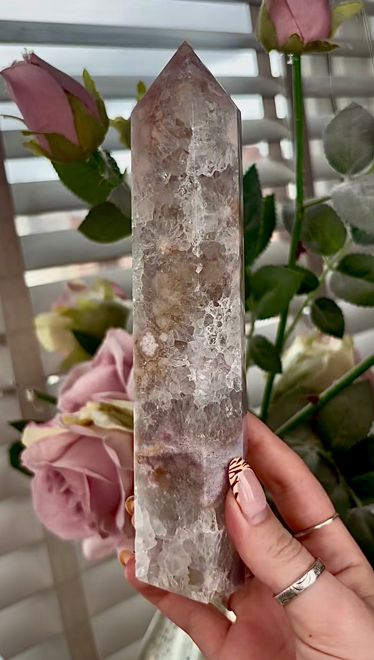 Stunning!! Super high quality, Druzy, green chlorite x blue flower agate tower