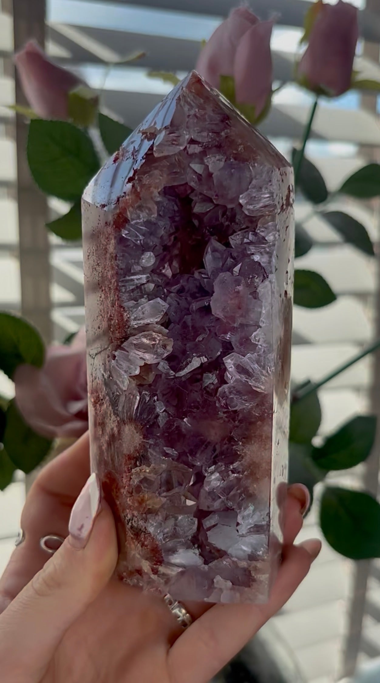 Beautiful, high quality, Pink amethyst tower with purple quartz