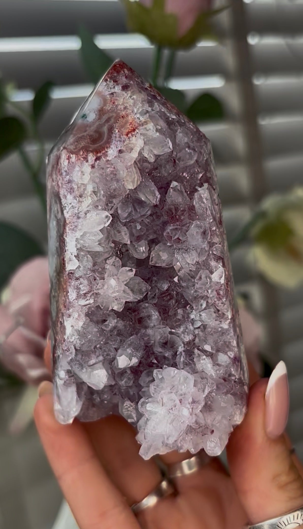 Beautiful, hq, druzy, Pink amethyst tower 10cm(h) by 6cm(w)