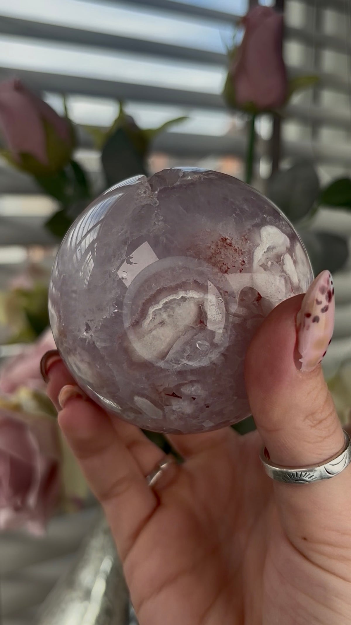 High grade, amethyst Flower agate sphere with high clarity quartz