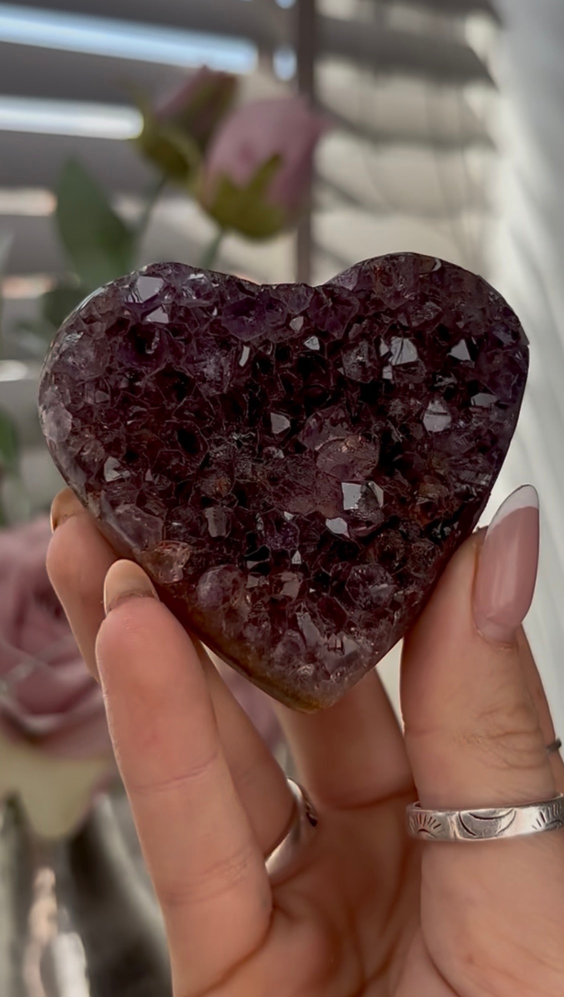 Uruguay, rainbow amethyst heart In berry tones - comes with stand