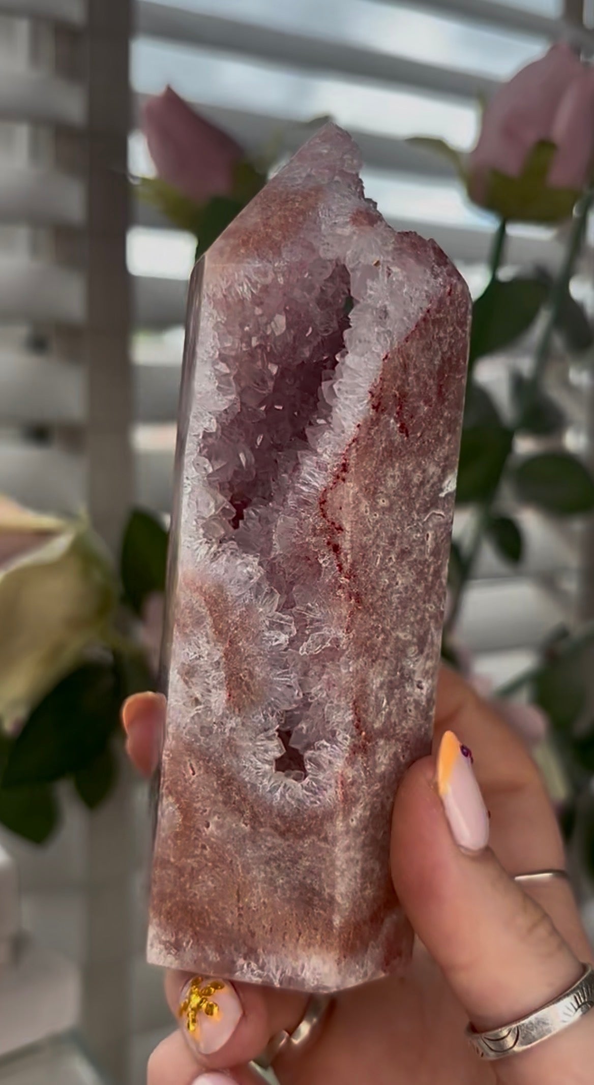 Pretty, Pink amethyst tower with quartz druzy