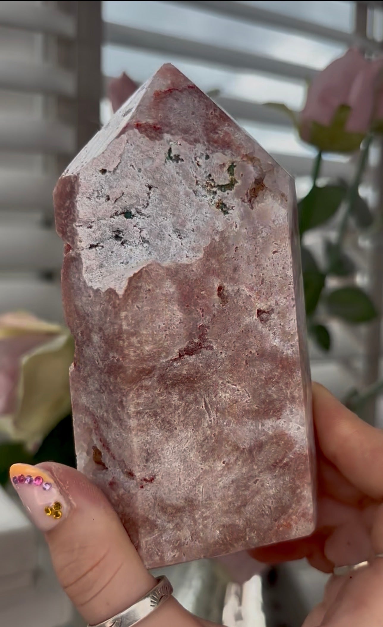 Pretty, high quality, Pink amethyst tower, in a red tone