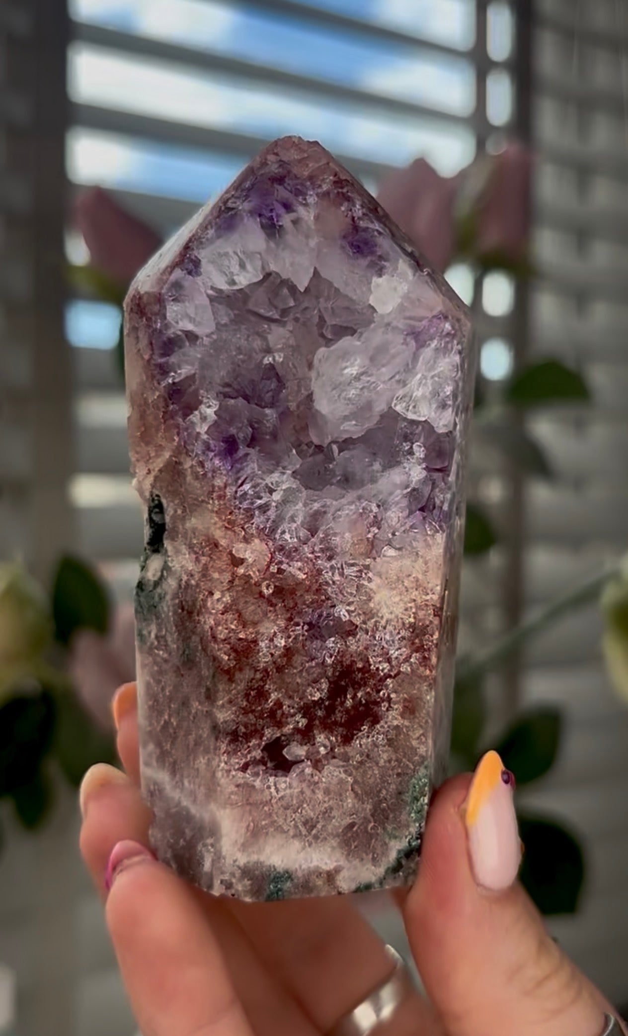 Beautiful, high quality, Pink amethyst tower with purple & quartz druzy with green jasper