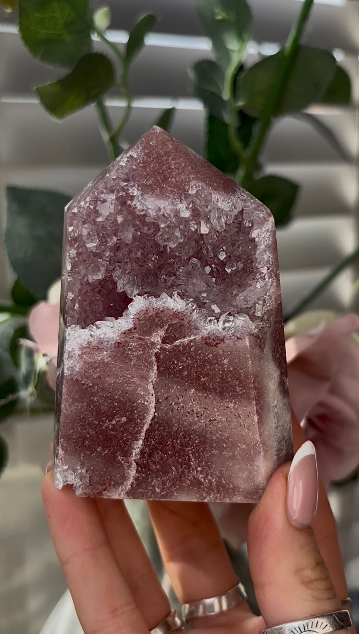 Beautiful, hq, druzy, Pink amethyst tower 9cm(h) by 6.4cm(w)
