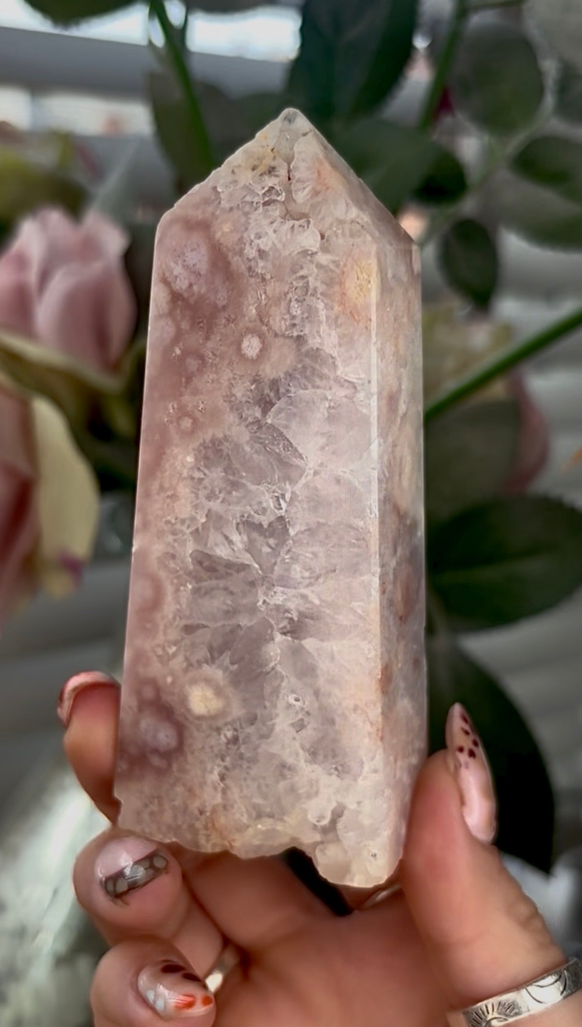 Pink amethyst Flower agate tower with quartz