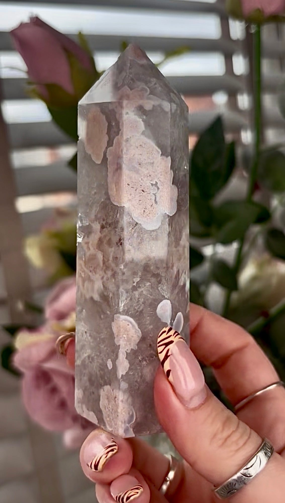 Stunning!! Super high quality, Druzy, green chlorite x blue flower agate tower