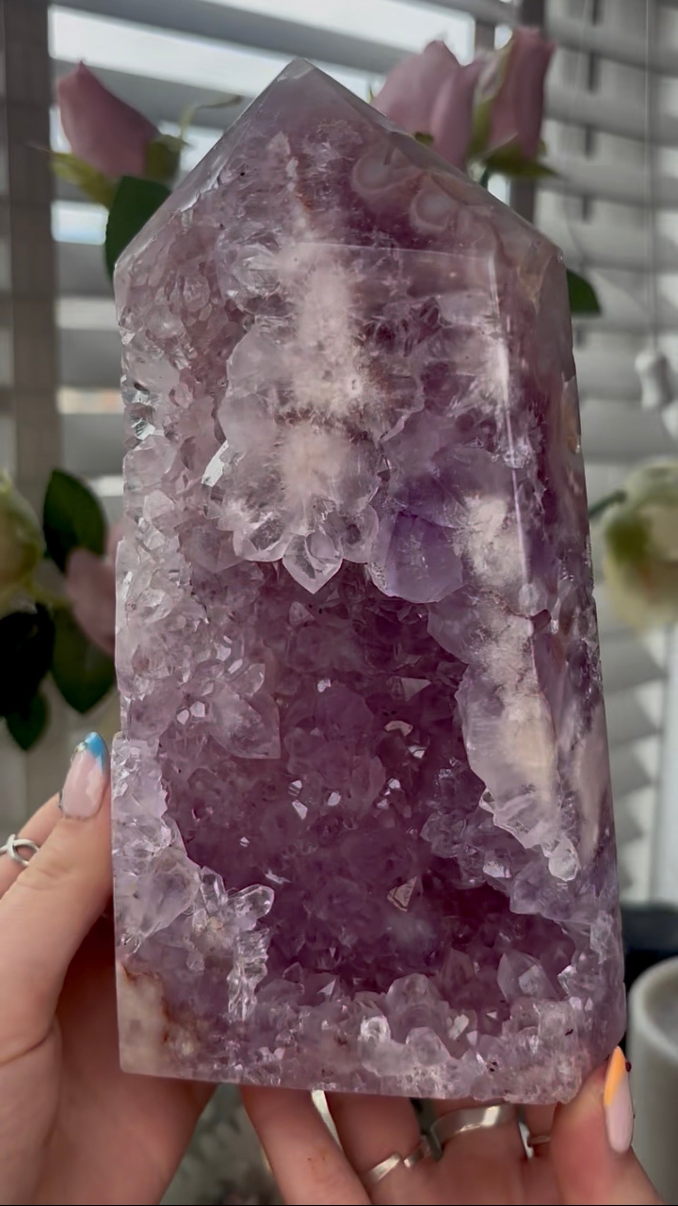 Beautiful, large, high quality, Pink amethyst tower with lilac tone quartz 20.5cm by 11cm