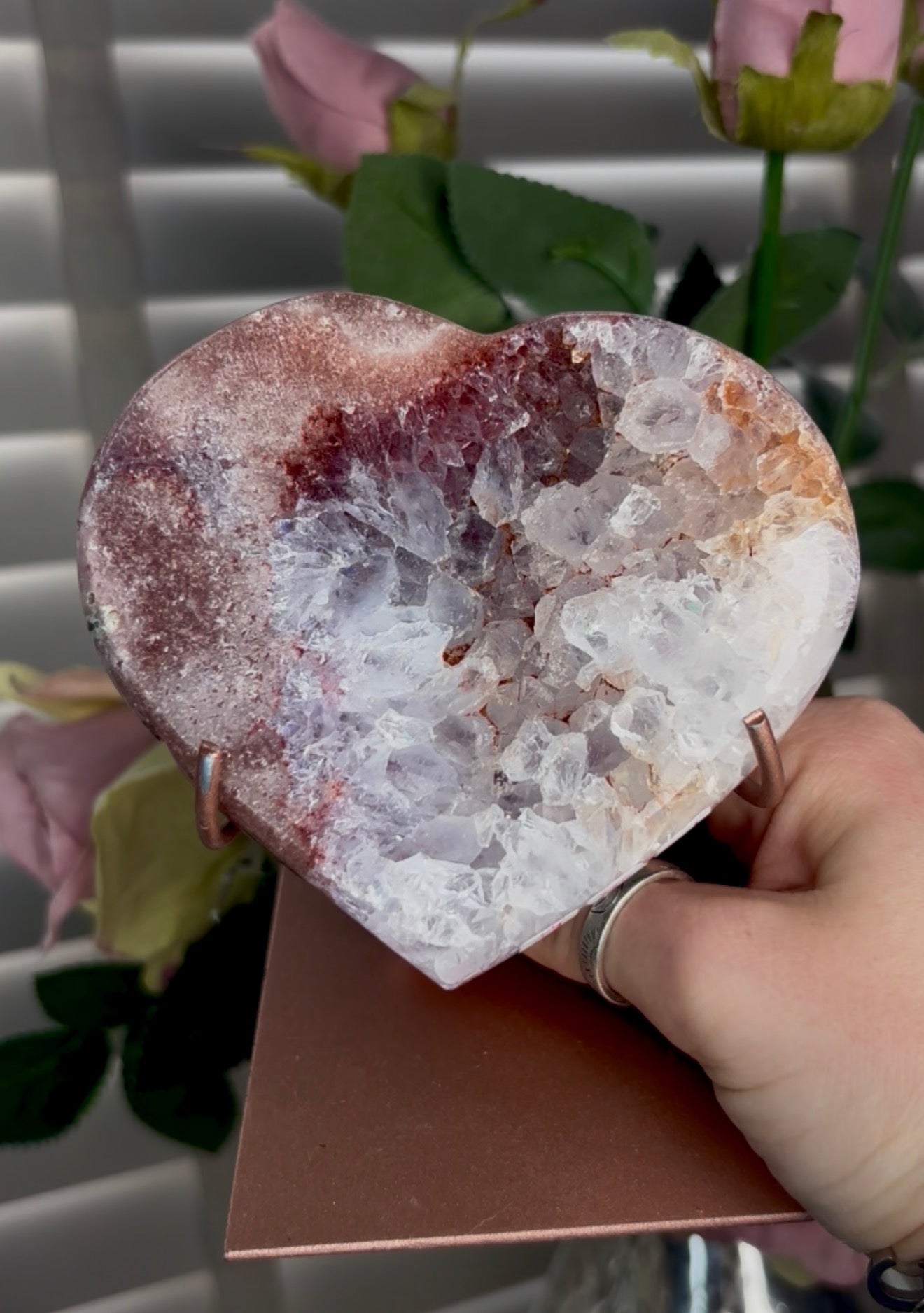 pink amethyst heart with quartz Druze- comes with stand
