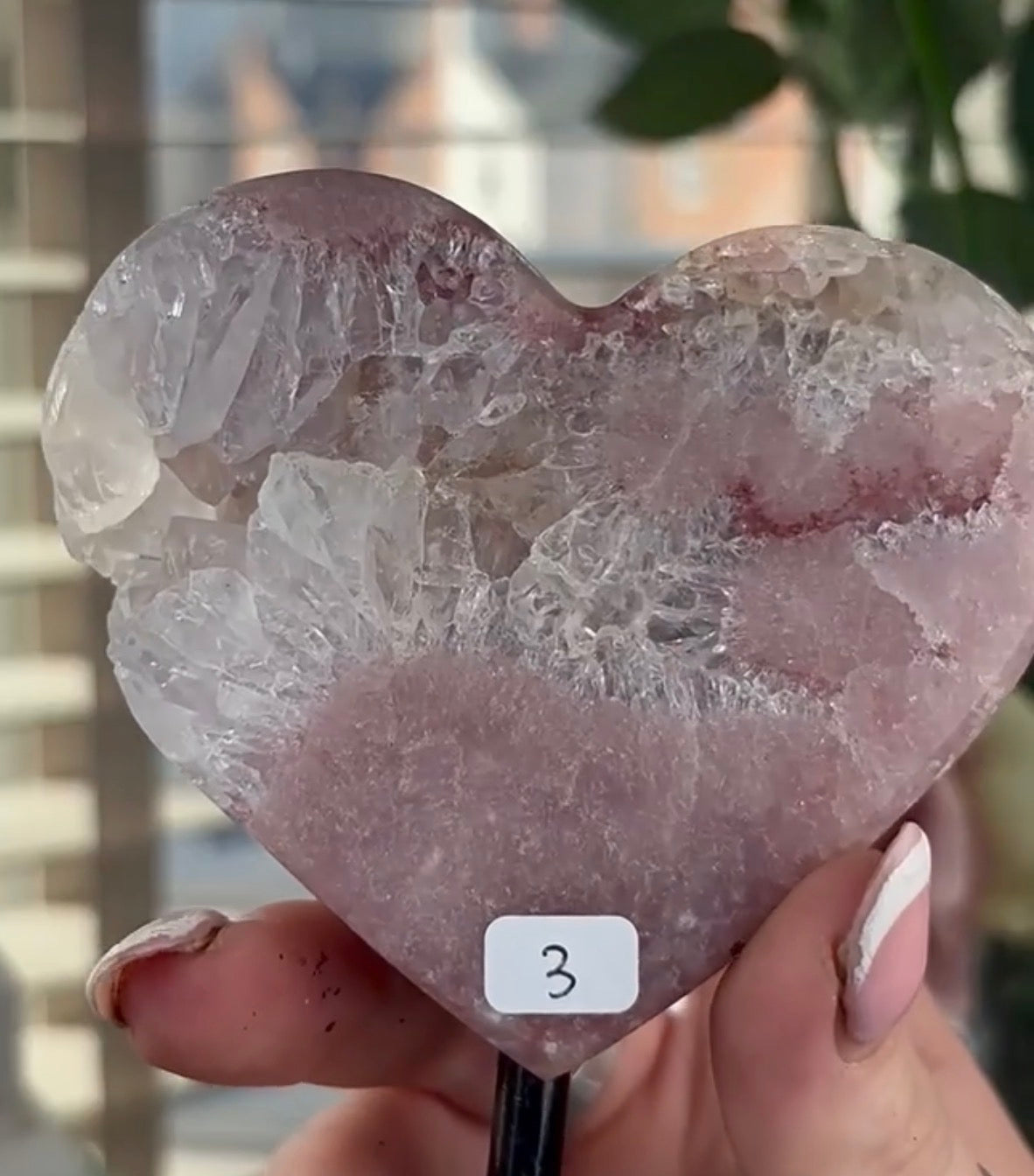 High quality pink amethyst heart with quartz - comes with stand