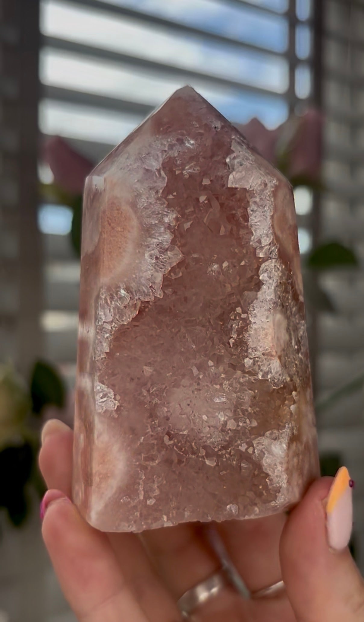 Beautiful, high quality, Pink amethyst tower in peach tone